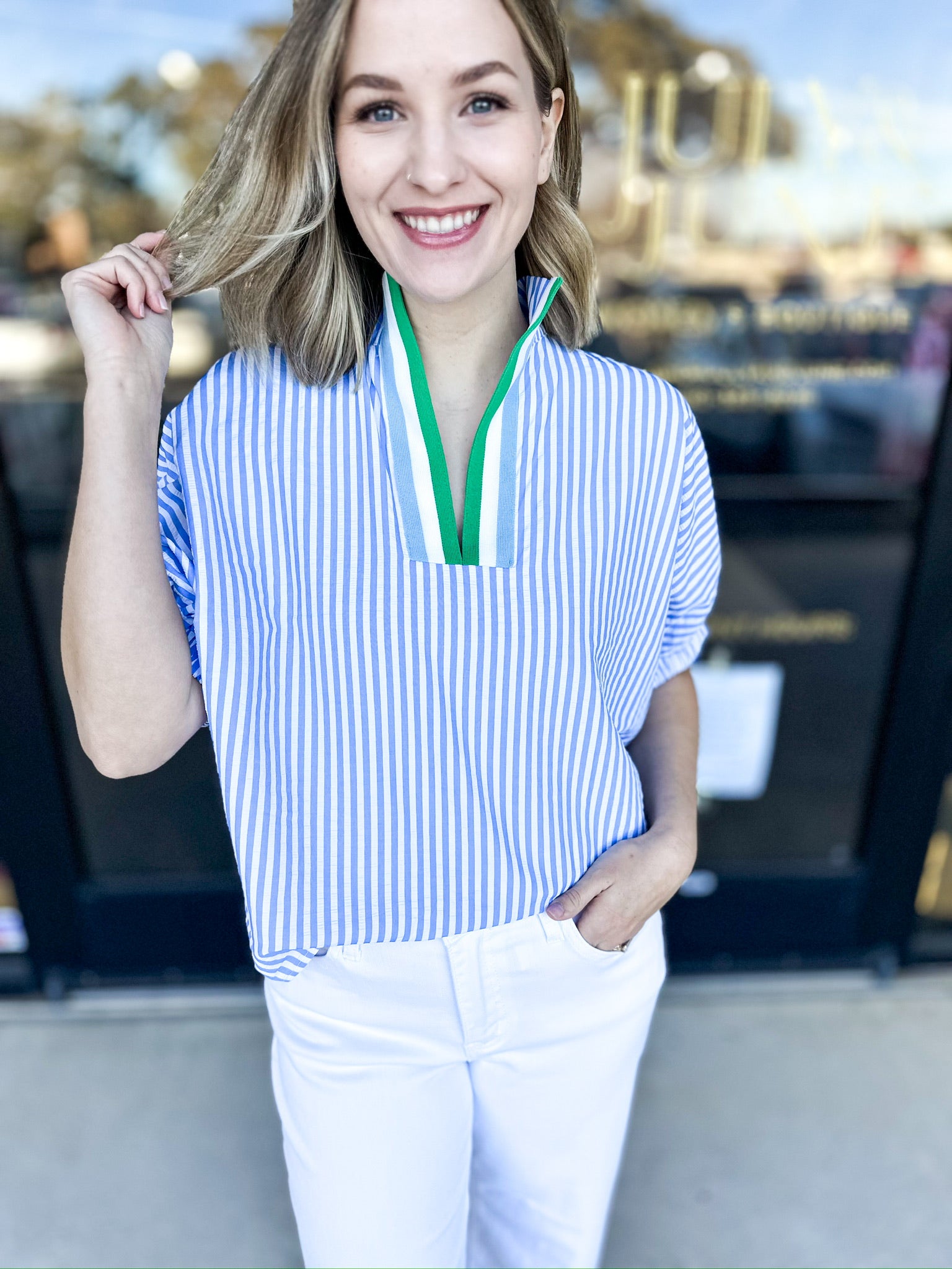 The Carolina Blouse - Blue Combo-200 Fashion Blouses-ENTRO-July & June Women's Fashion Boutique Located in San Antonio, Texas