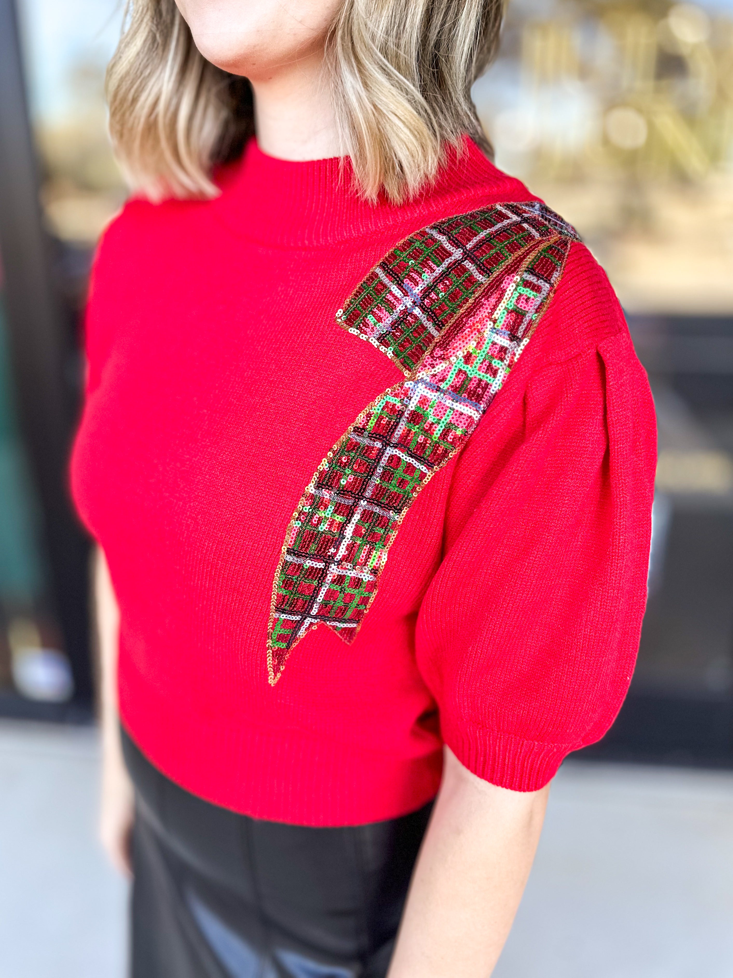 Short Sleeve Tartan Bow Sweater Top-230 Sweaters/Cardis-FANTASTIC FAWN-July & June Women's Fashion Boutique Located in San Antonio, Texas