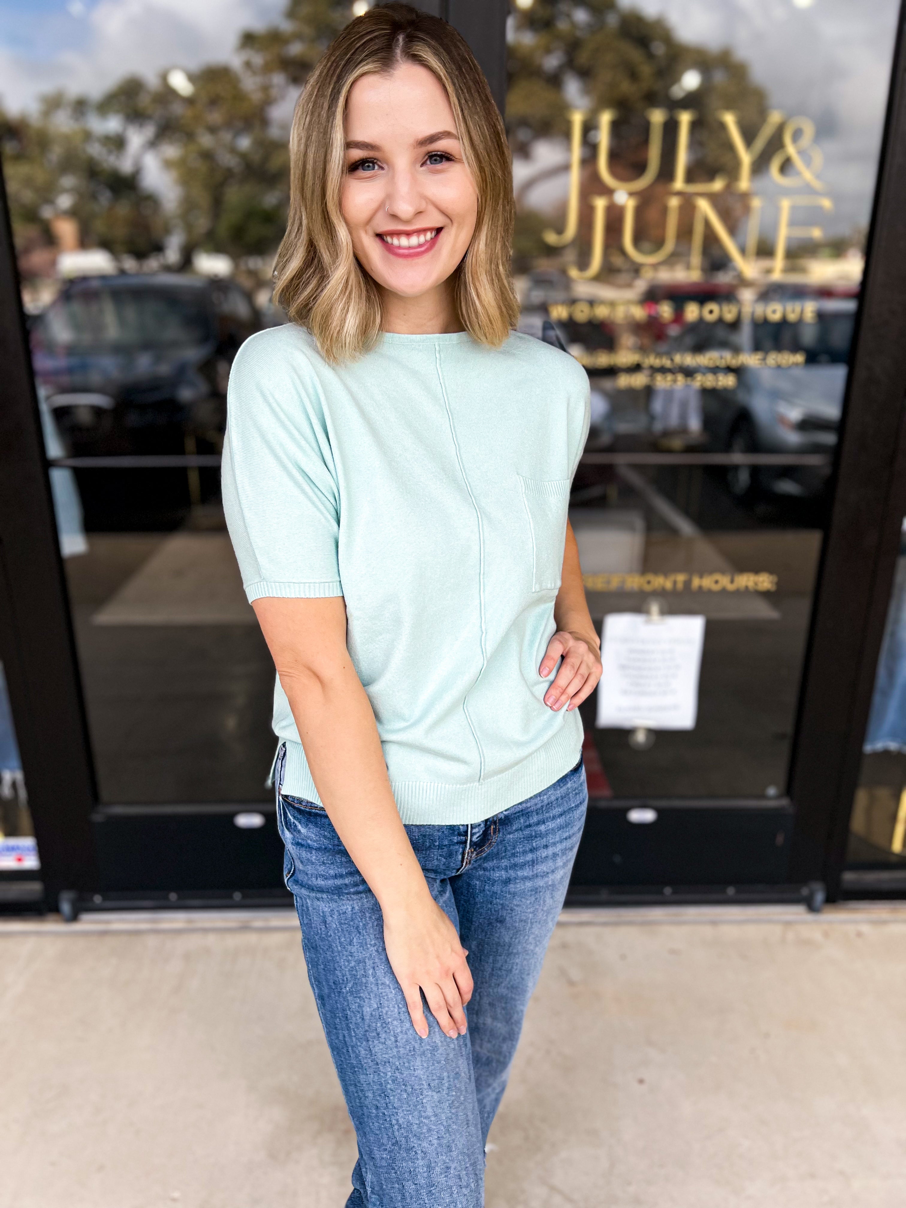 Comfy Pocket Sweater Tee - Ice Green-200 Fashion Blouses-ALLIE ROSE-July & June Women's Fashion Boutique Located in San Antonio, Texas