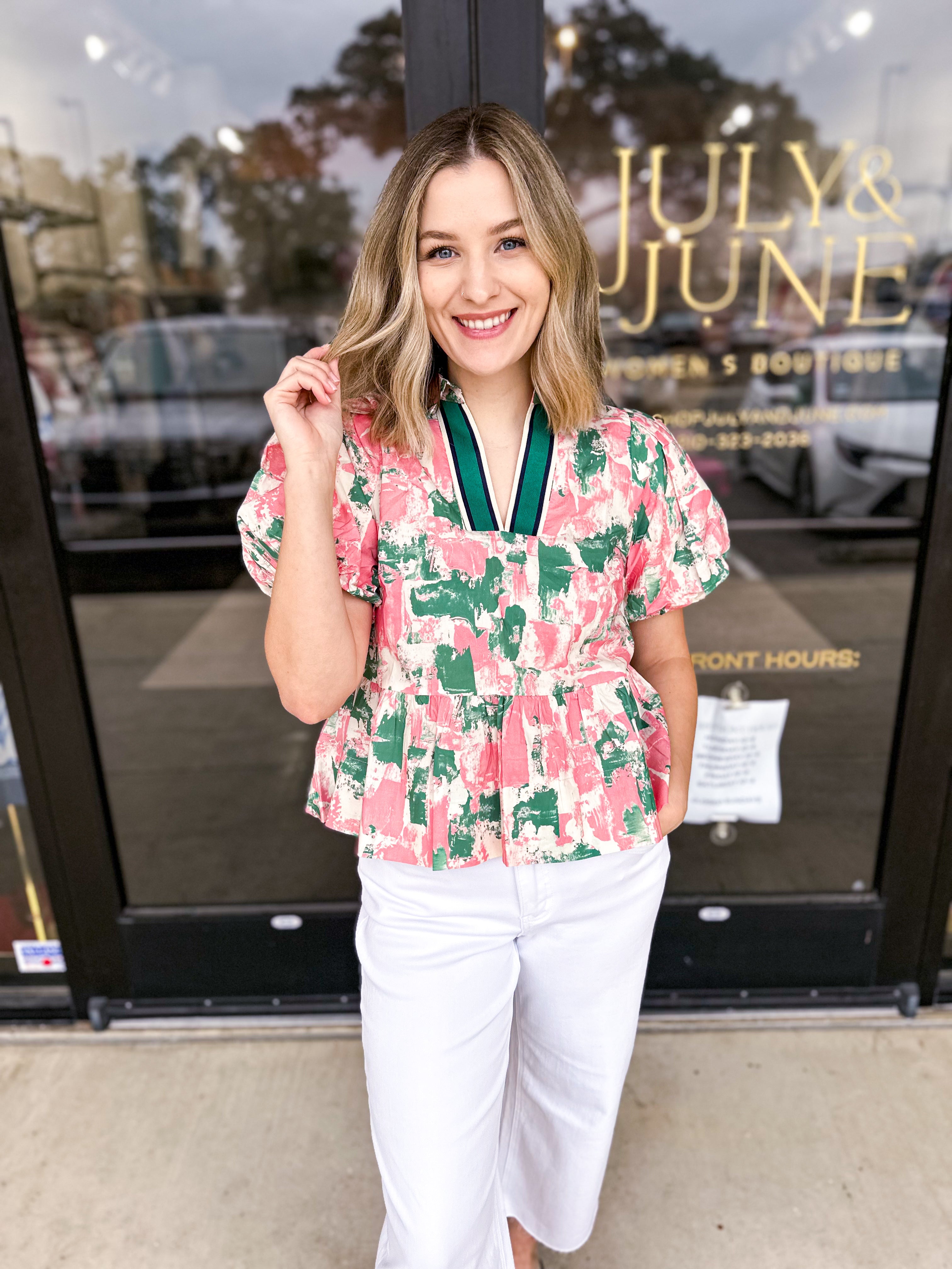 Peplum Chic Blouse - Green Combo-200 Fashion Blouses-ENTRO-July & June Women's Fashion Boutique Located in San Antonio, Texas