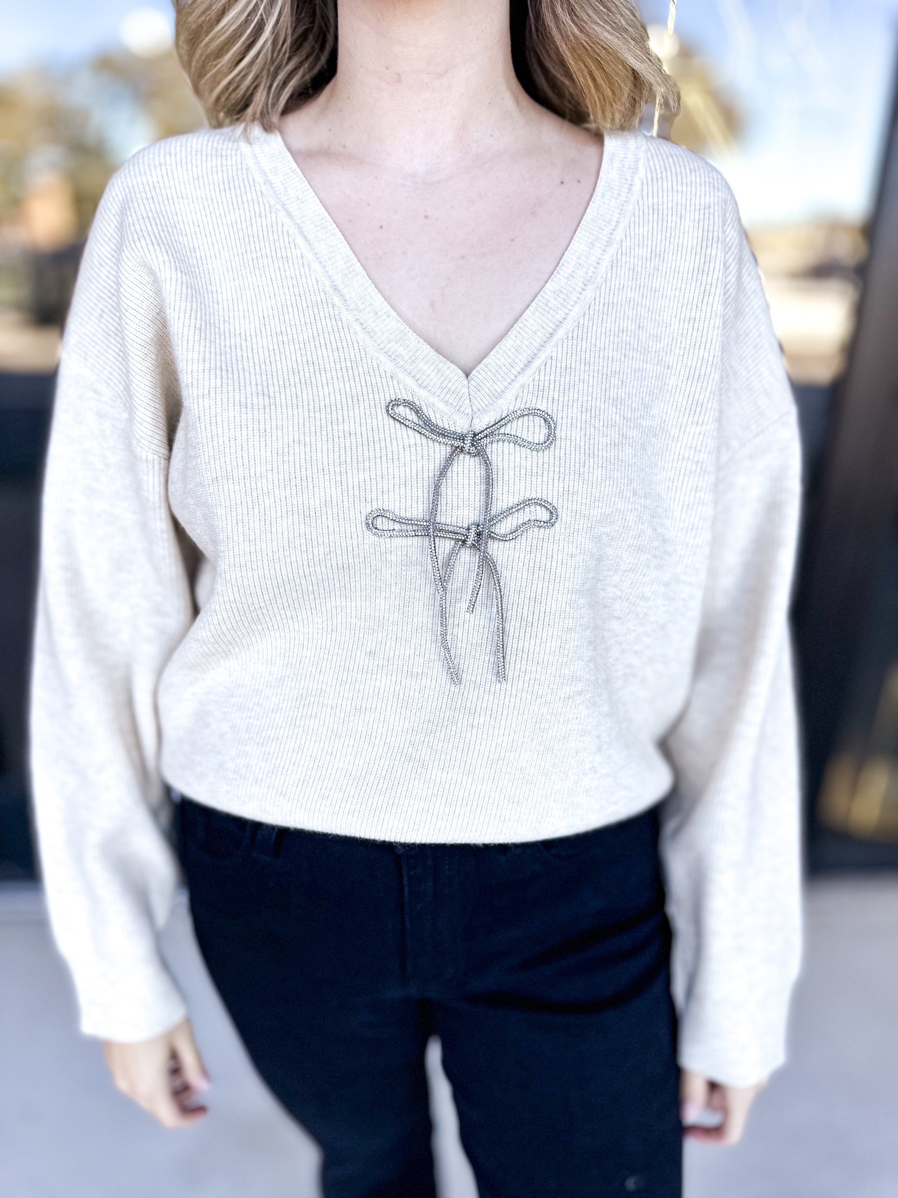 Cream V-Neck Bow Detail Sweater-230 Sweaters/Cardis-ABLE-July & June Women's Fashion Boutique Located in San Antonio, Texas