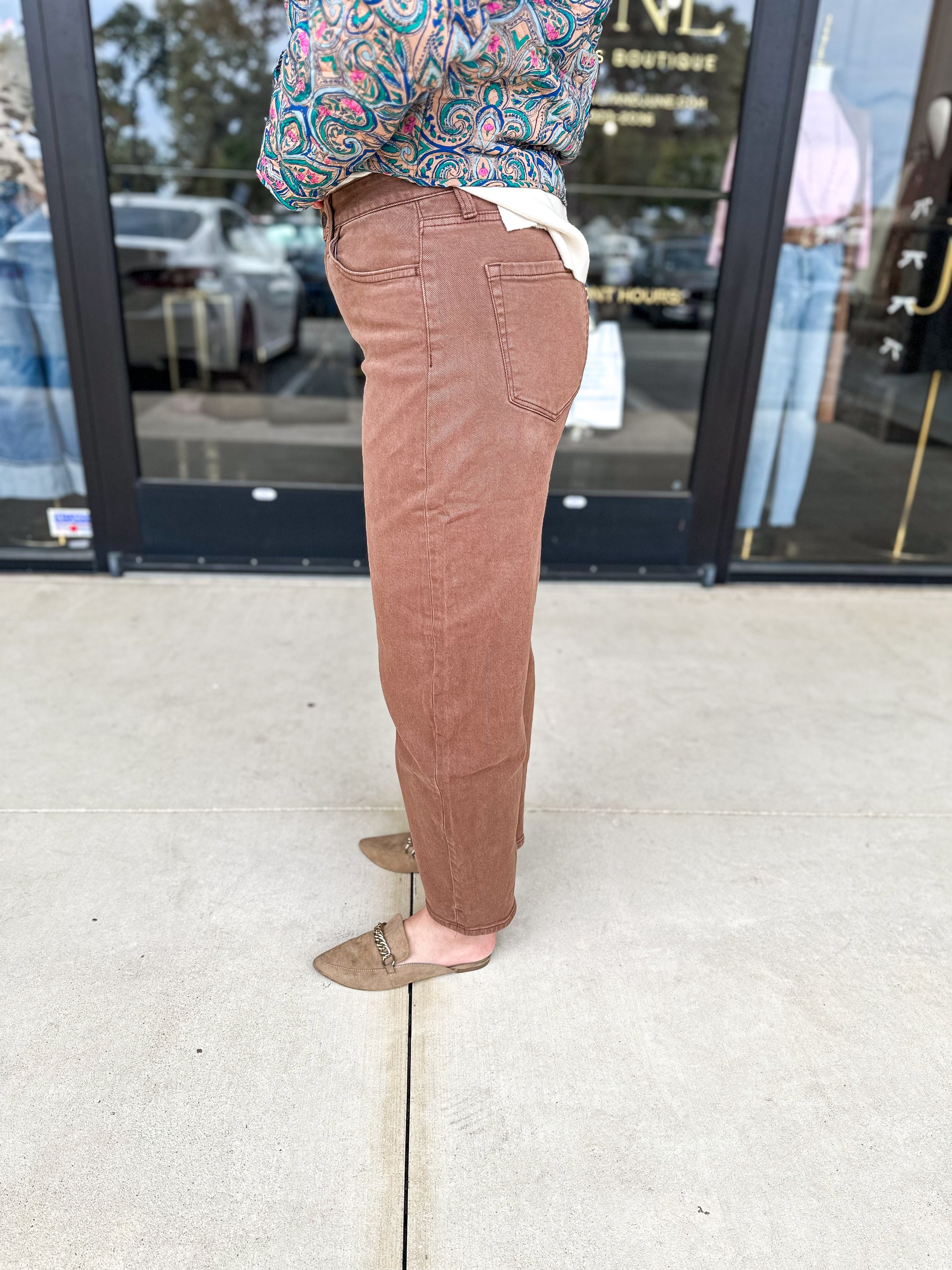 Vervet High Rise Mocha Slim Barrel Jeans-400 Pants-VEVERT BY FLYING MONKEY-July & June Women's Fashion Boutique Located in San Antonio, Texas