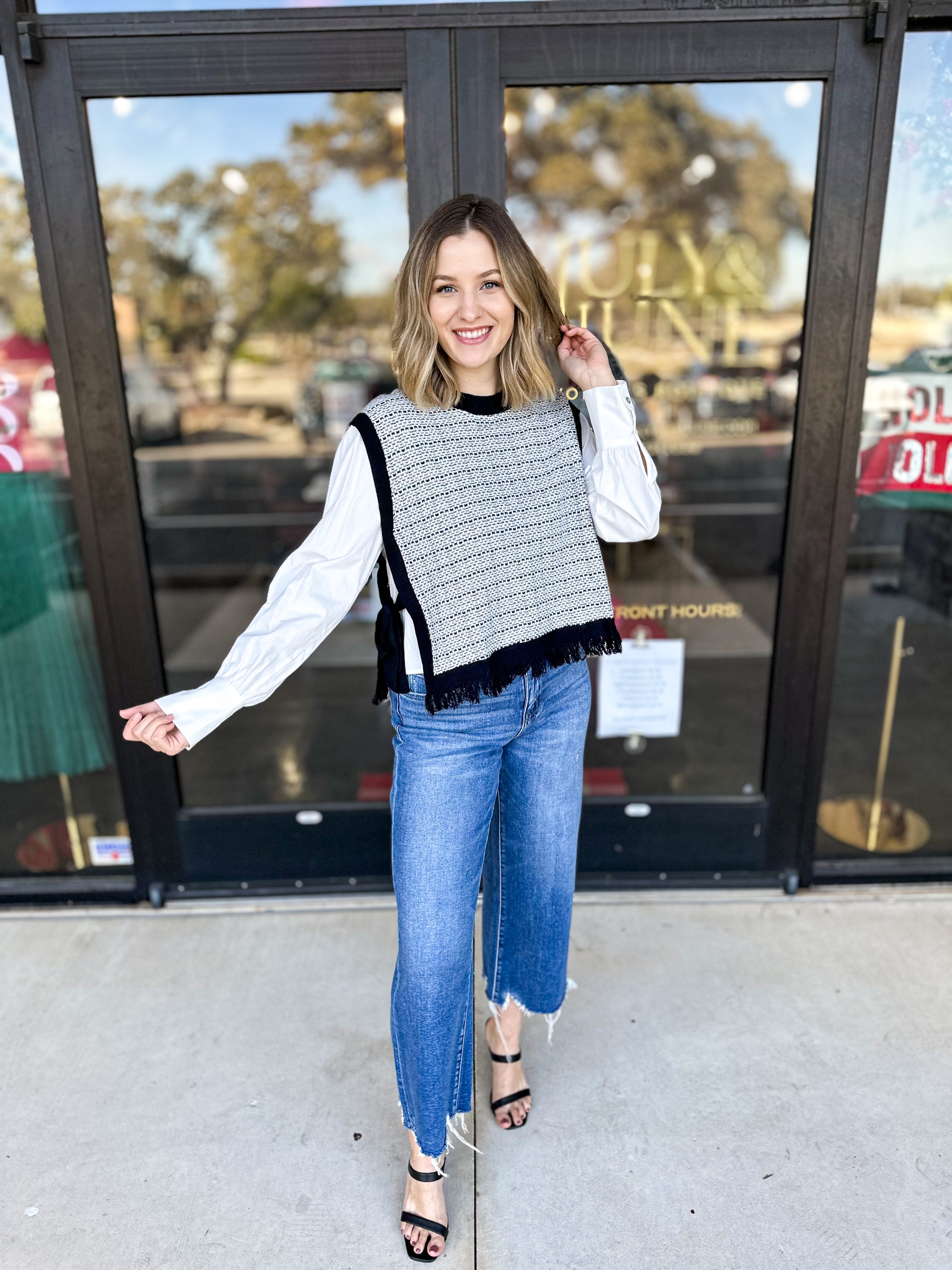 Black & Ivory Layered Vest Blouse-200 Fashion Blouses-PINCH-July & June Women's Fashion Boutique Located in San Antonio, Texas