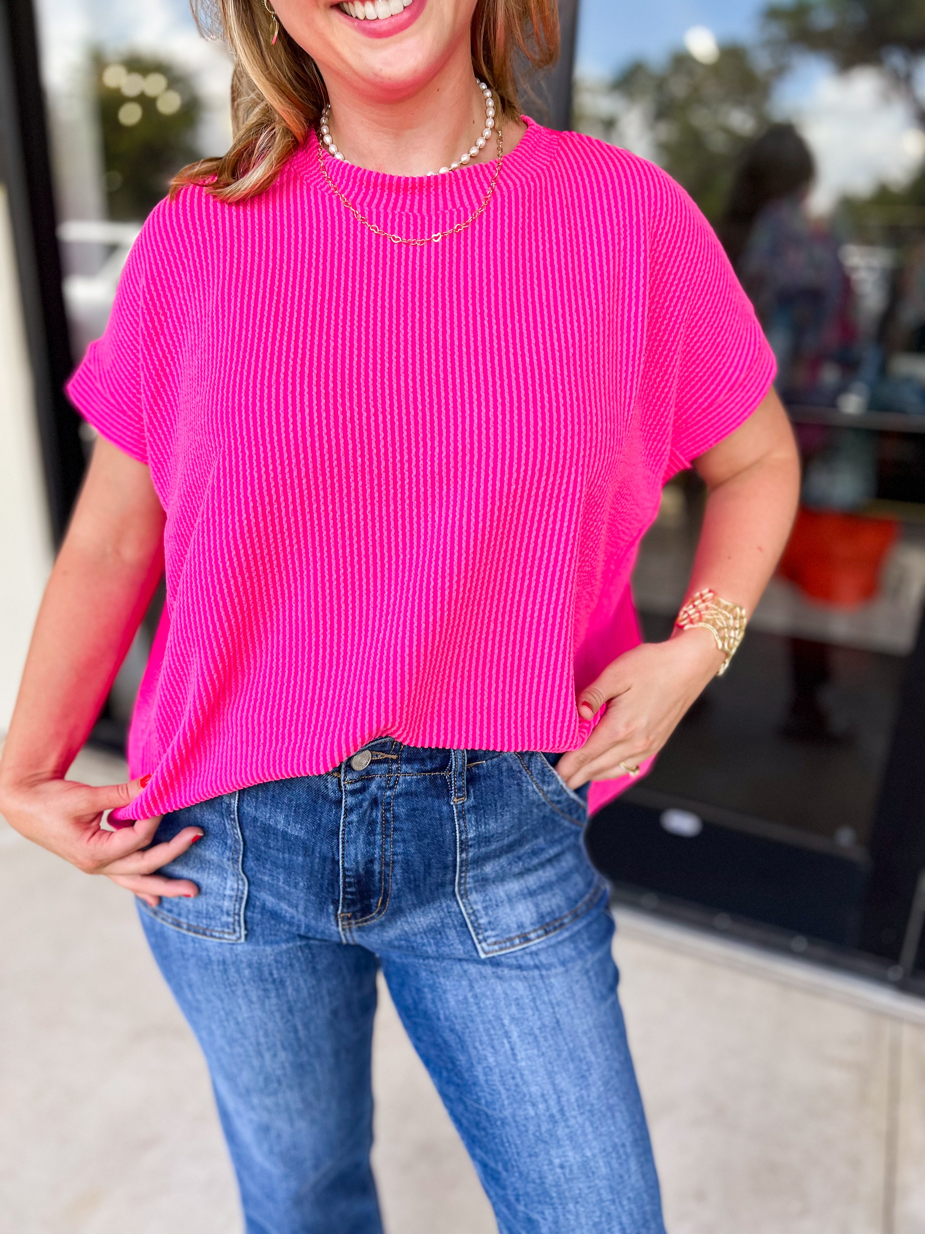 Ribbed Oversized Tee - Pink-210 Casual Blouses-ENTRO-July & June Women's Fashion Boutique Located in San Antonio, Texas