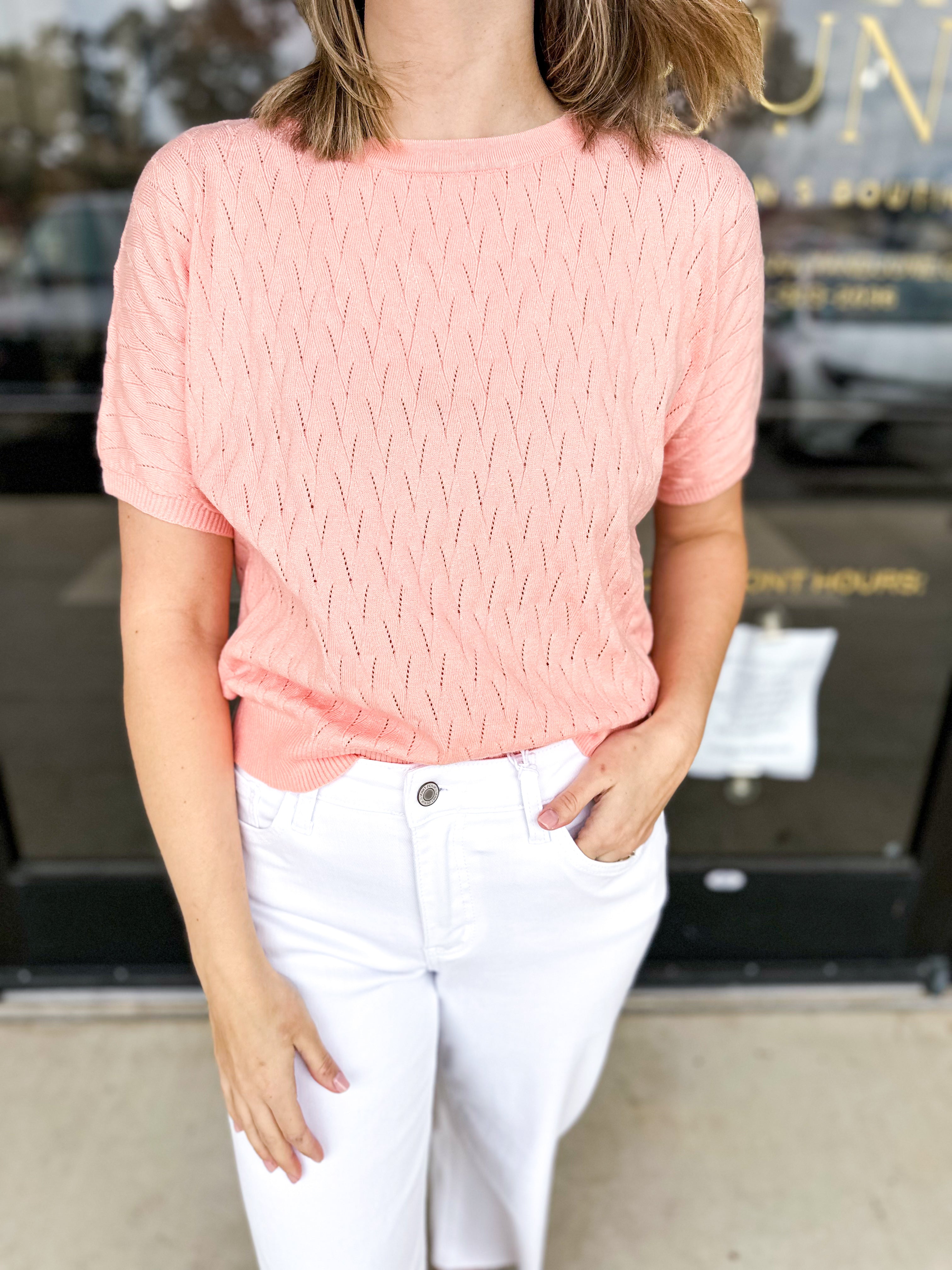 Pastel Knit Tee - Peach-230 Sweaters/Cardis-ALLIE ROSE-July & June Women's Fashion Boutique Located in San Antonio, Texas