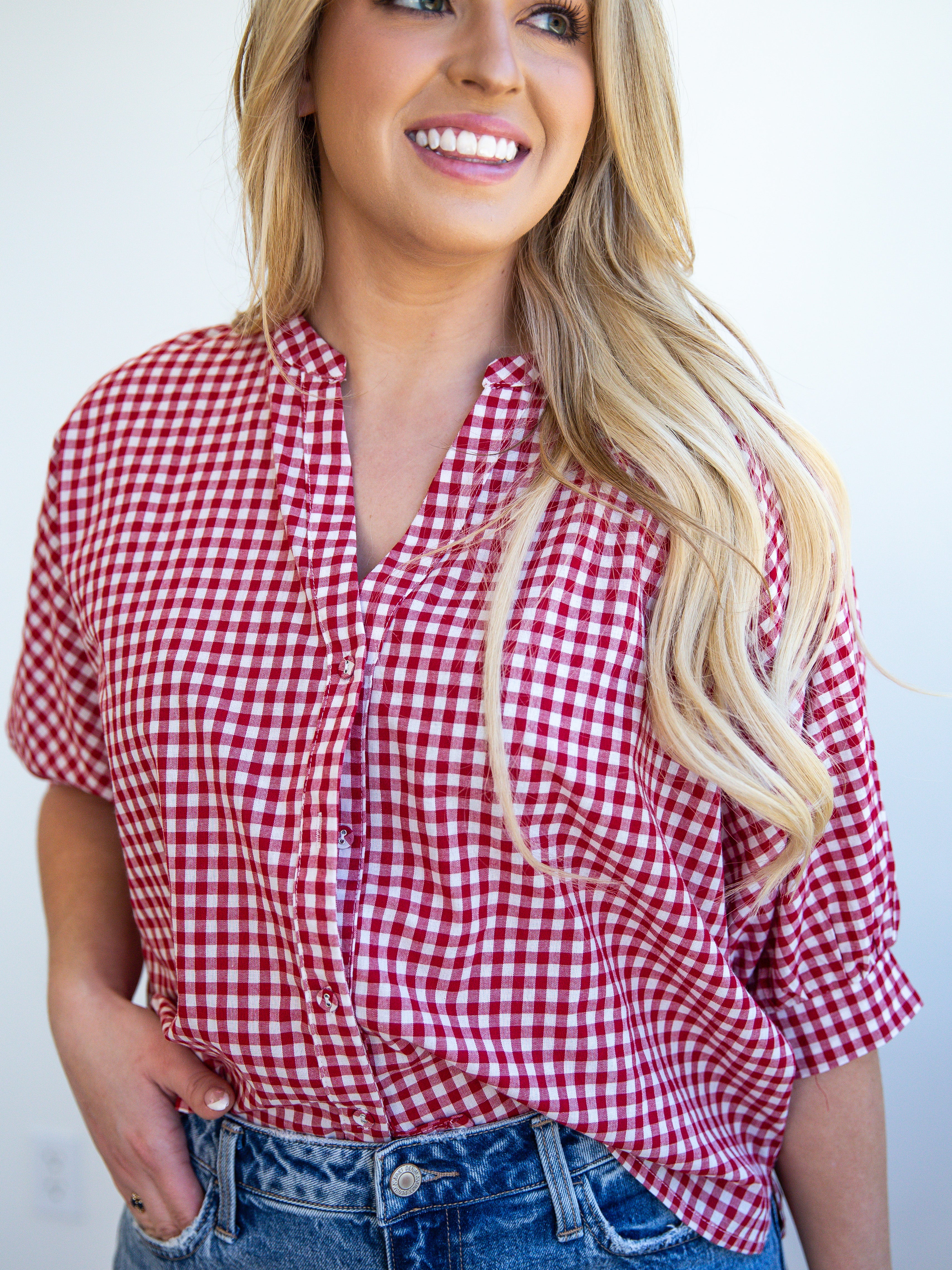 Gingham Sweetheart Blouse - Red-200 Fashion Blouses-ALLIE ROSE-July & June Women's Fashion Boutique Located in San Antonio, Texas