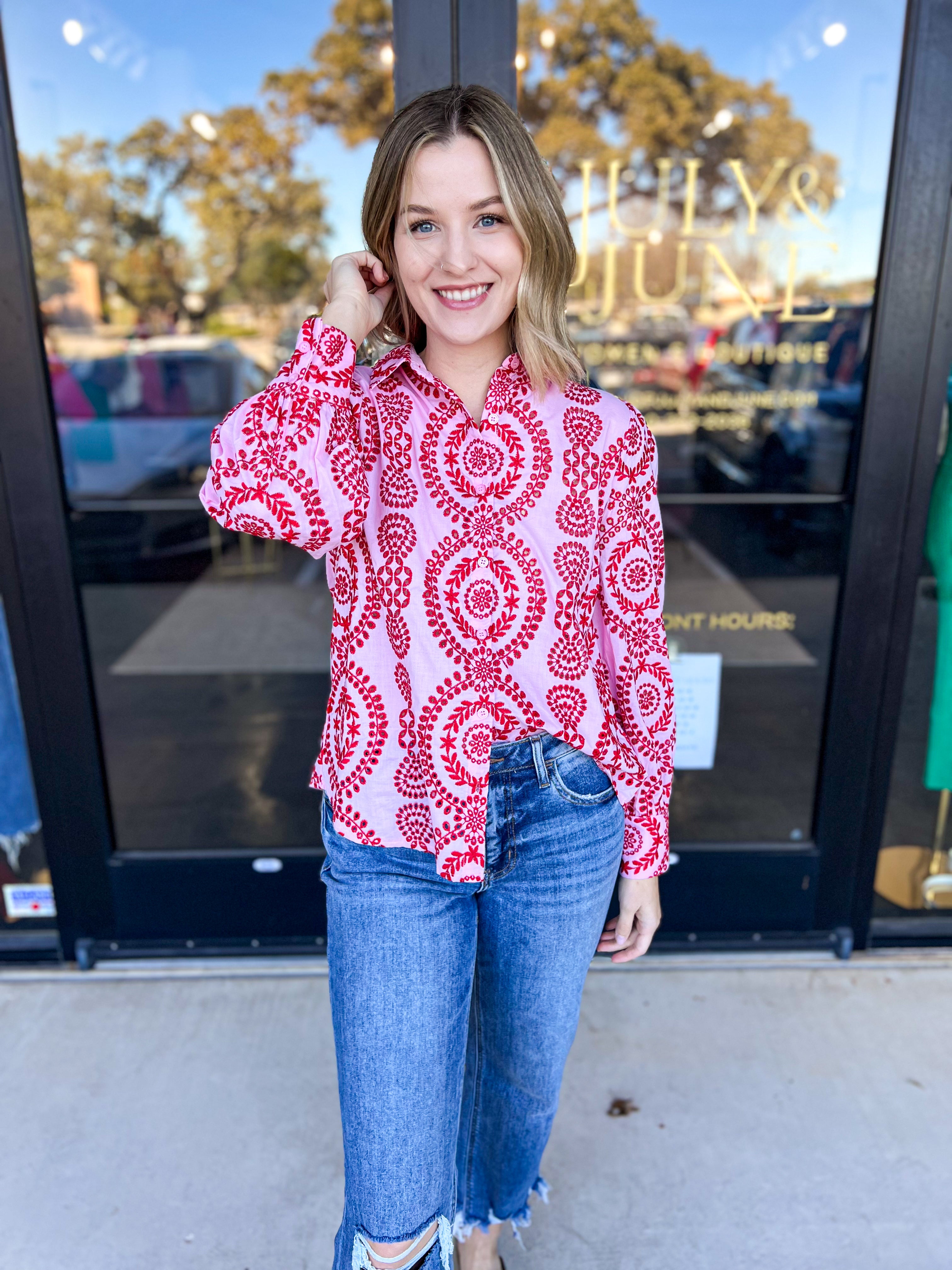 Pink & Red Embroidered Button Down Blouse-200 Fashion Blouses-SKIES ARE BLUE-July & June Women's Fashion Boutique Located in San Antonio, Texas