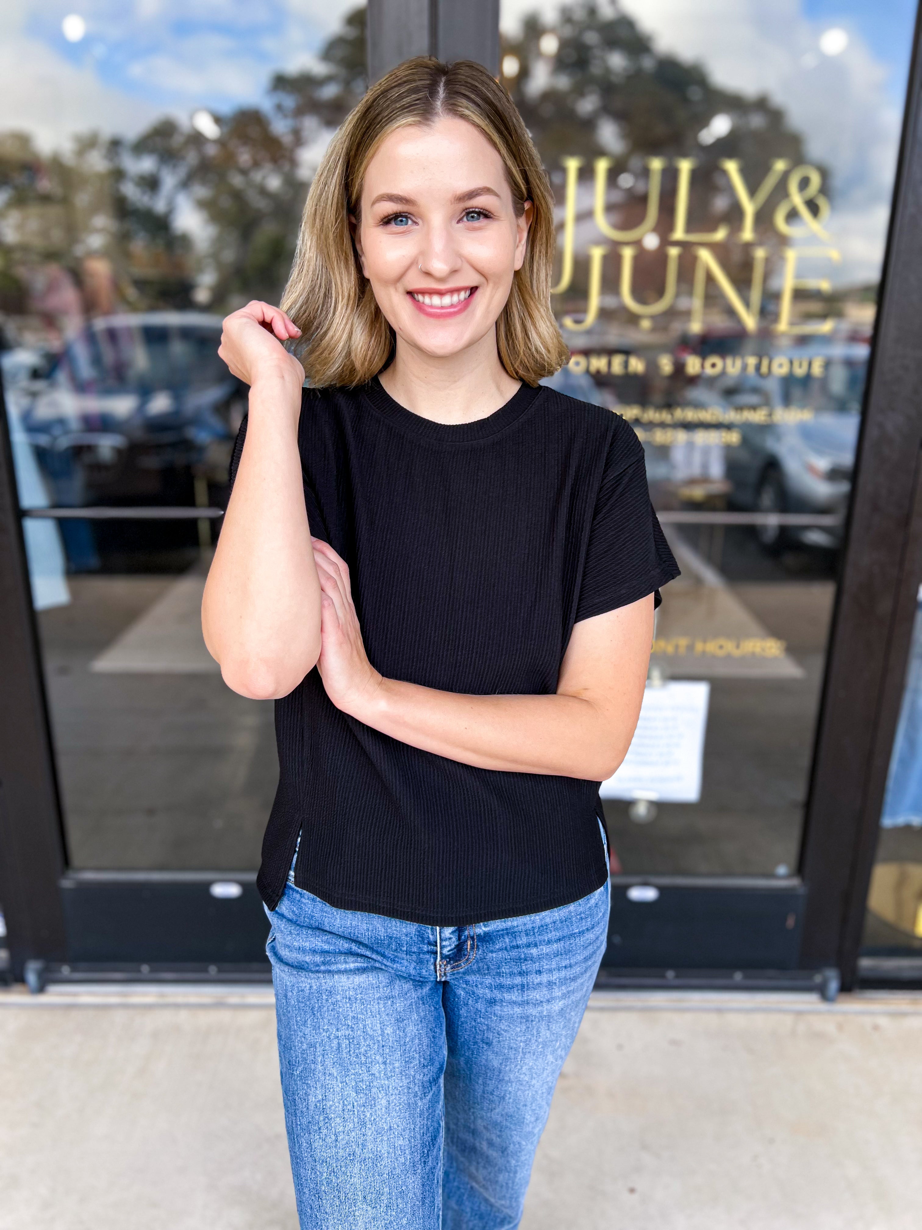 Comfy Black tee-210 Casual Blouses-ALLIE ROSE-July & June Women's Fashion Boutique Located in San Antonio, Texas