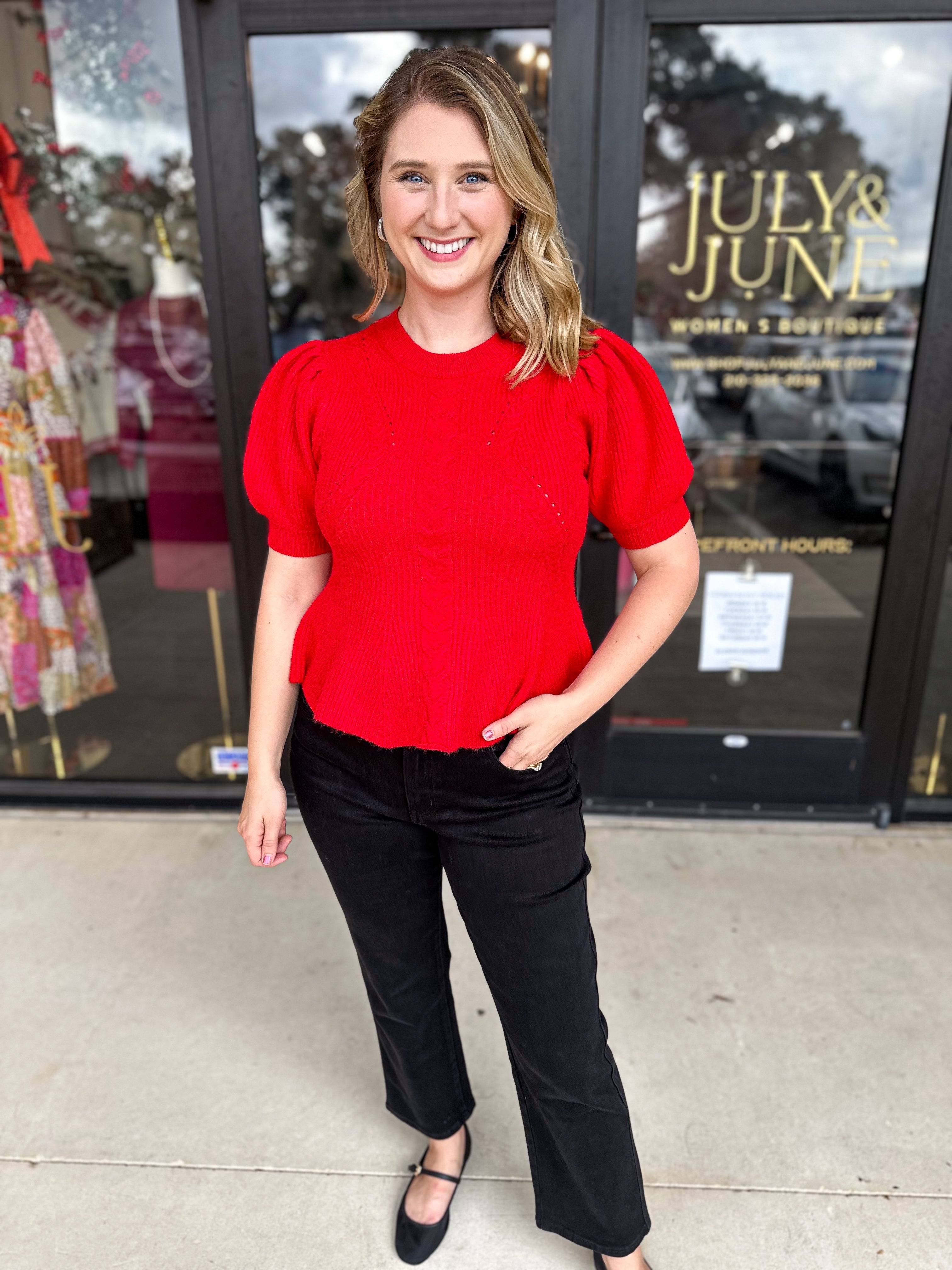 Peplum Sweater Top - Red-230 Sweaters/Cardis-ENTRO-July & June Women's Fashion Boutique Located in San Antonio, Texas