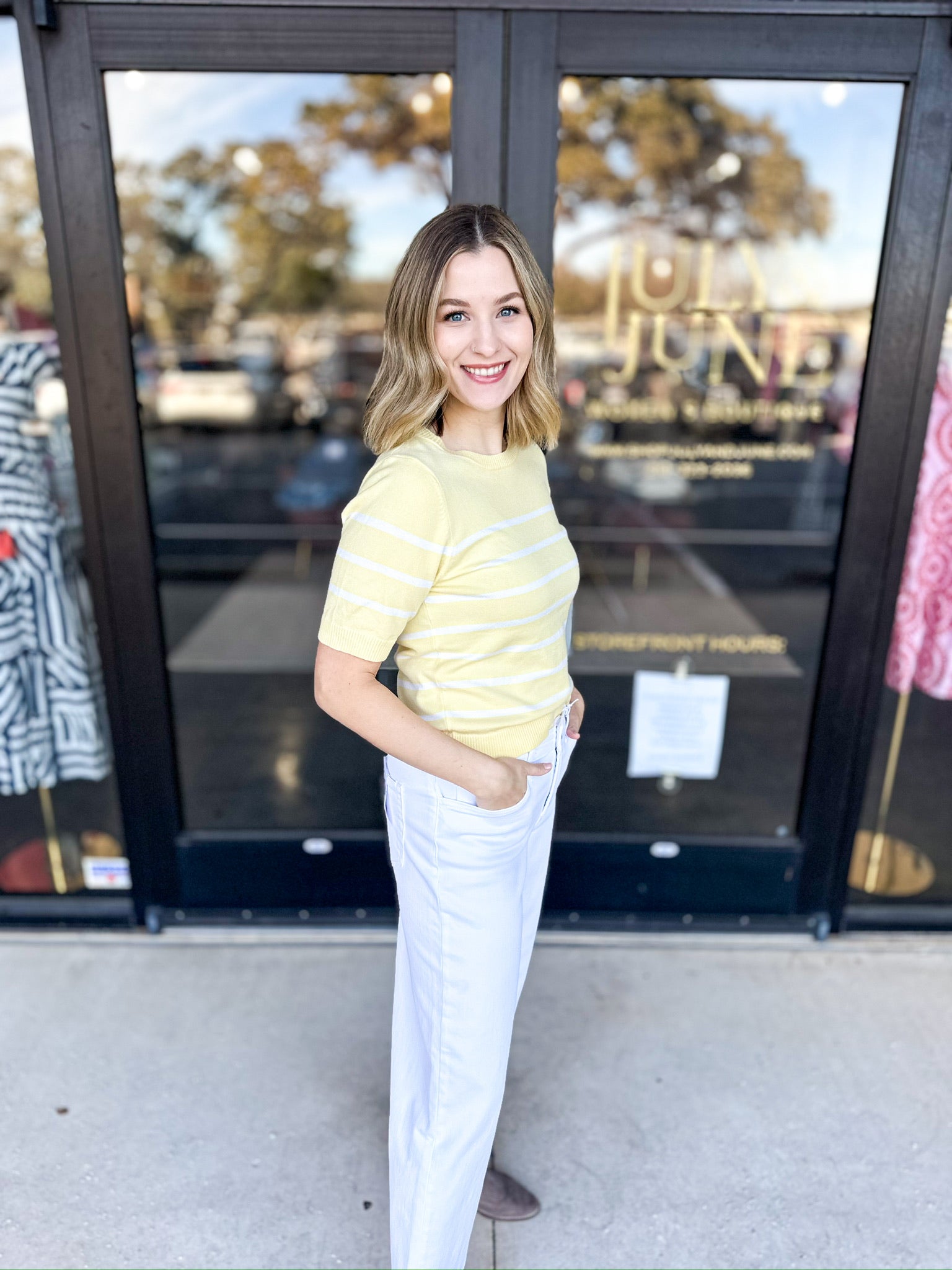 Springtime Short Sleeve Sweater Top - Lemon-230 Sweaters/Cardis-ALLIE ROSE-July & June Women's Fashion Boutique Located in San Antonio, Texas