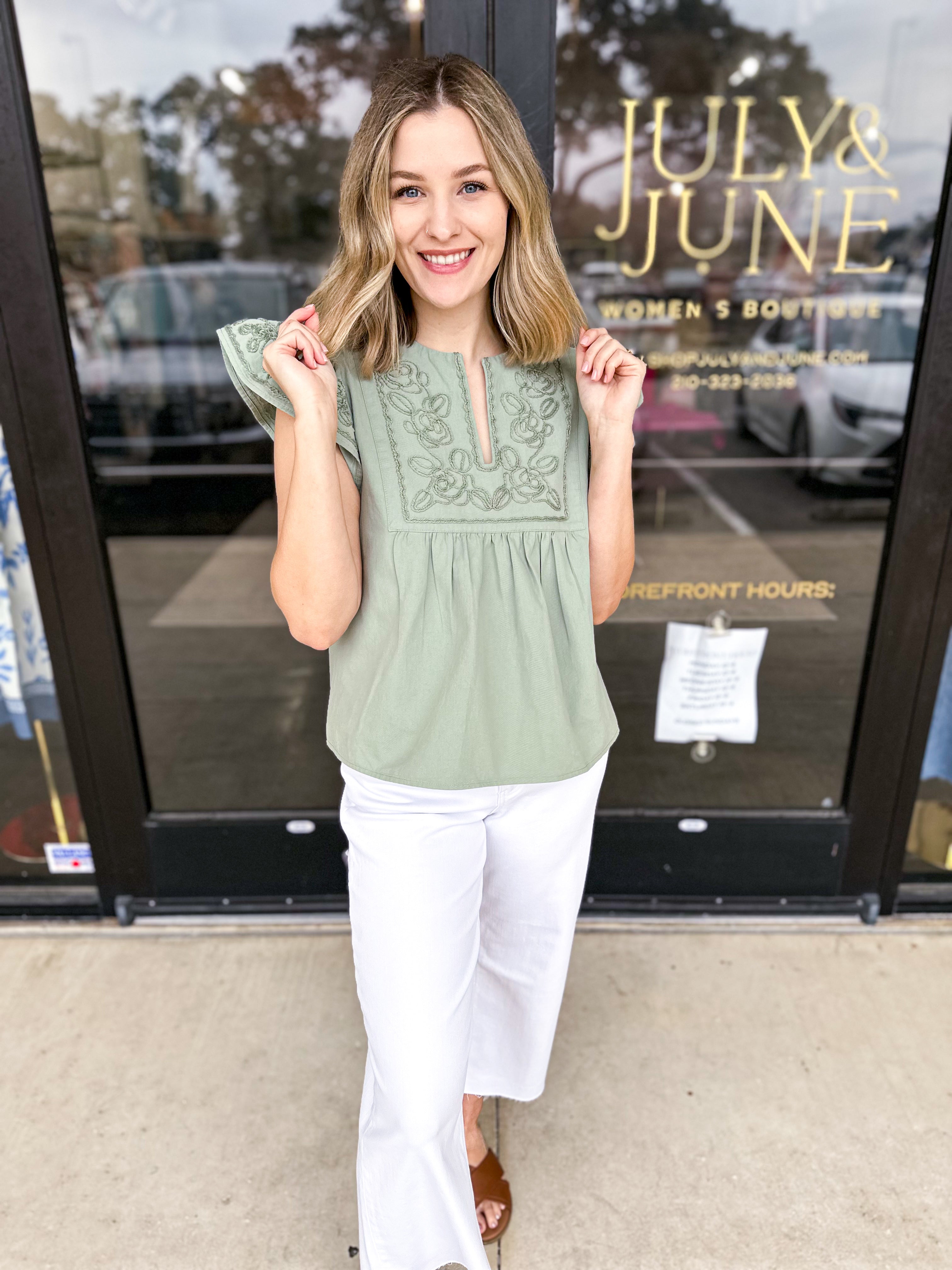 The Magnolia Embroidered Blouse - Seafoam-200 Fashion Blouses-ENTRO-July & June Women's Fashion Boutique Located in San Antonio, Texas