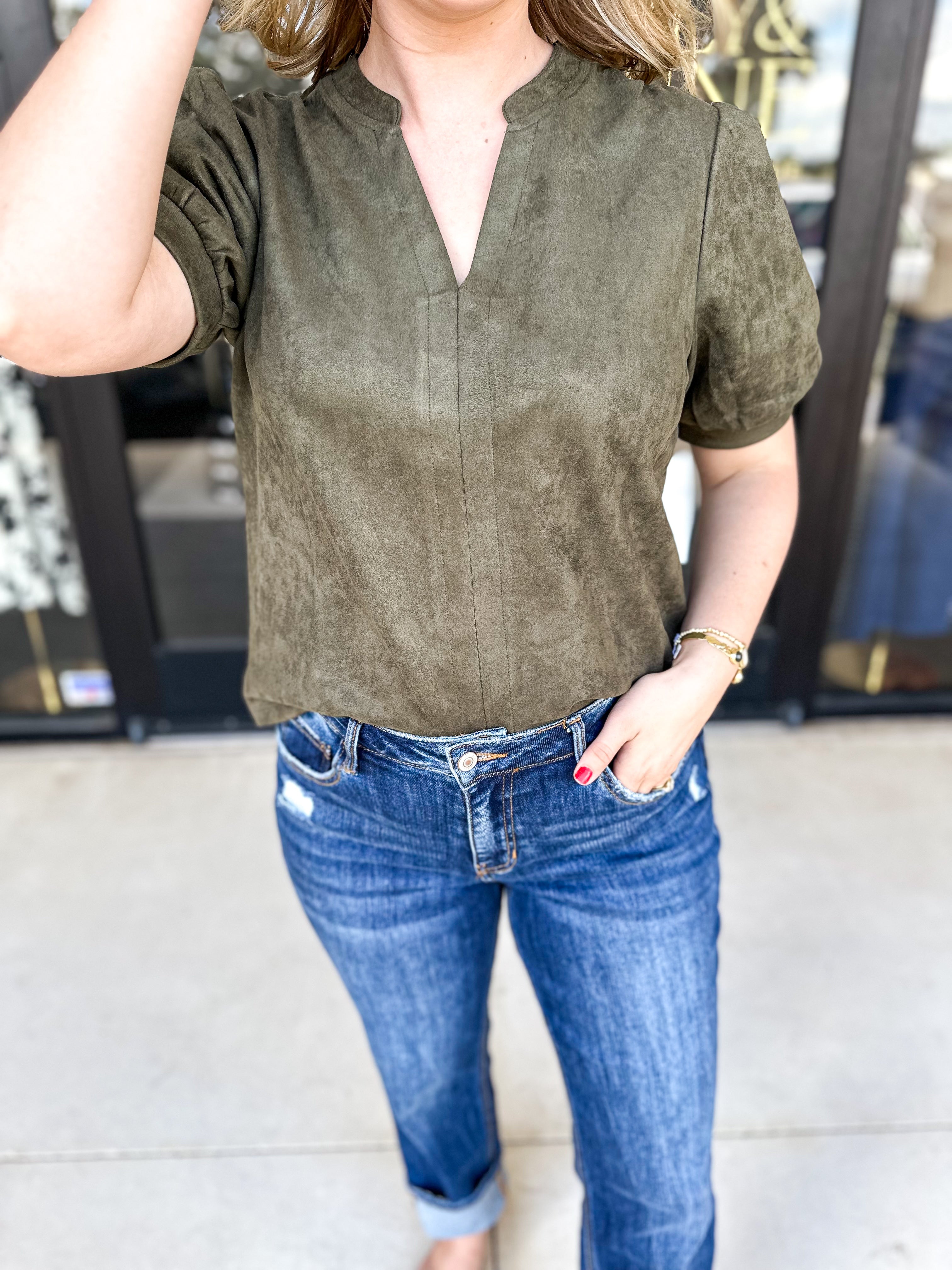 THML - Olive Suede Blouse-200 Fashion Blouses-THML-July & June Women's Fashion Boutique Located in San Antonio, Texas