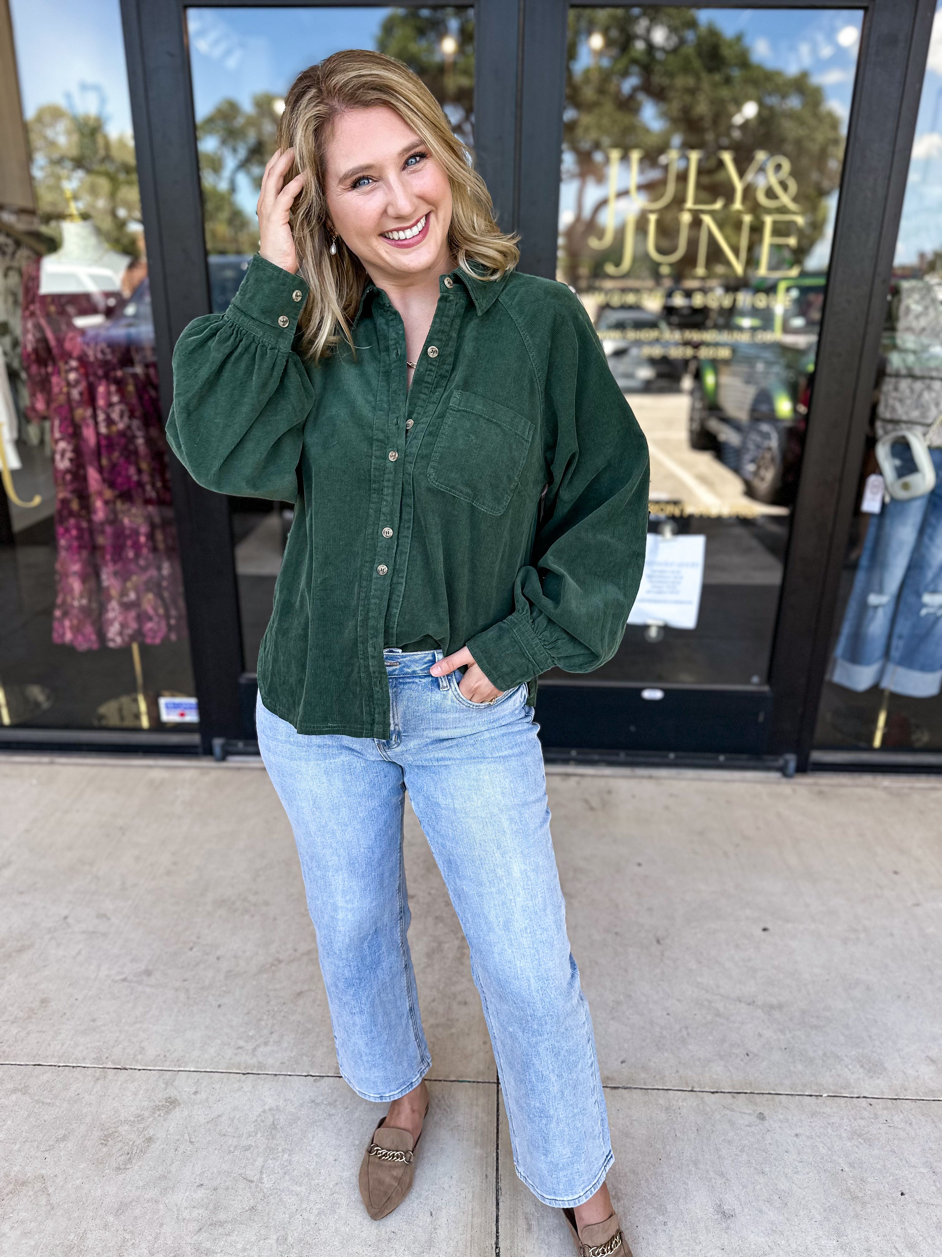 Corduroy Button Down - Deep Green-200 Fashion Blouses-JODIFL-July & June Women's Fashion Boutique Located in San Antonio, Texas