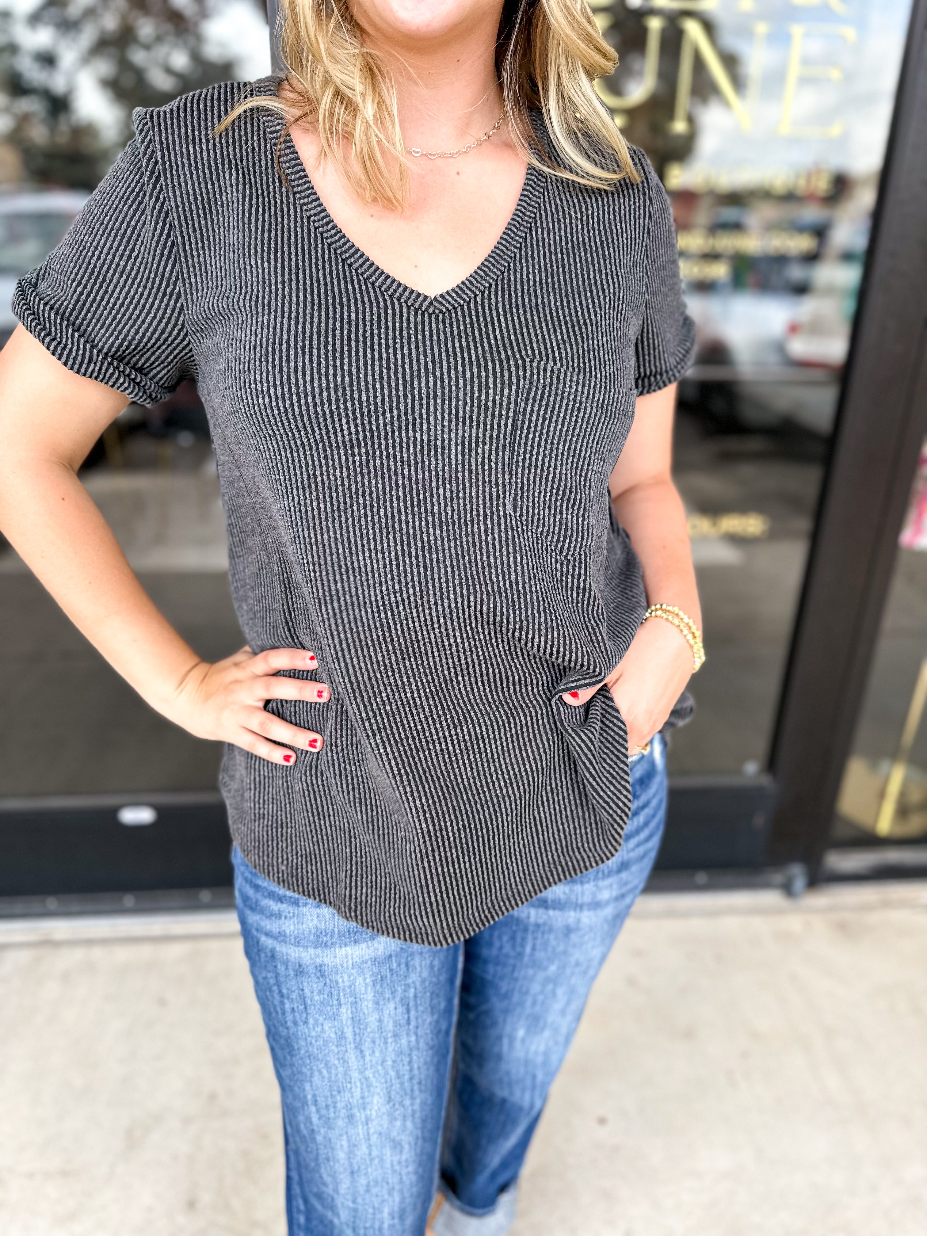 Ribbed V-Neck Tee - Charcoal-210 Casual Blouses-ENTRO-July & June Women's Fashion Boutique Located in San Antonio, Texas