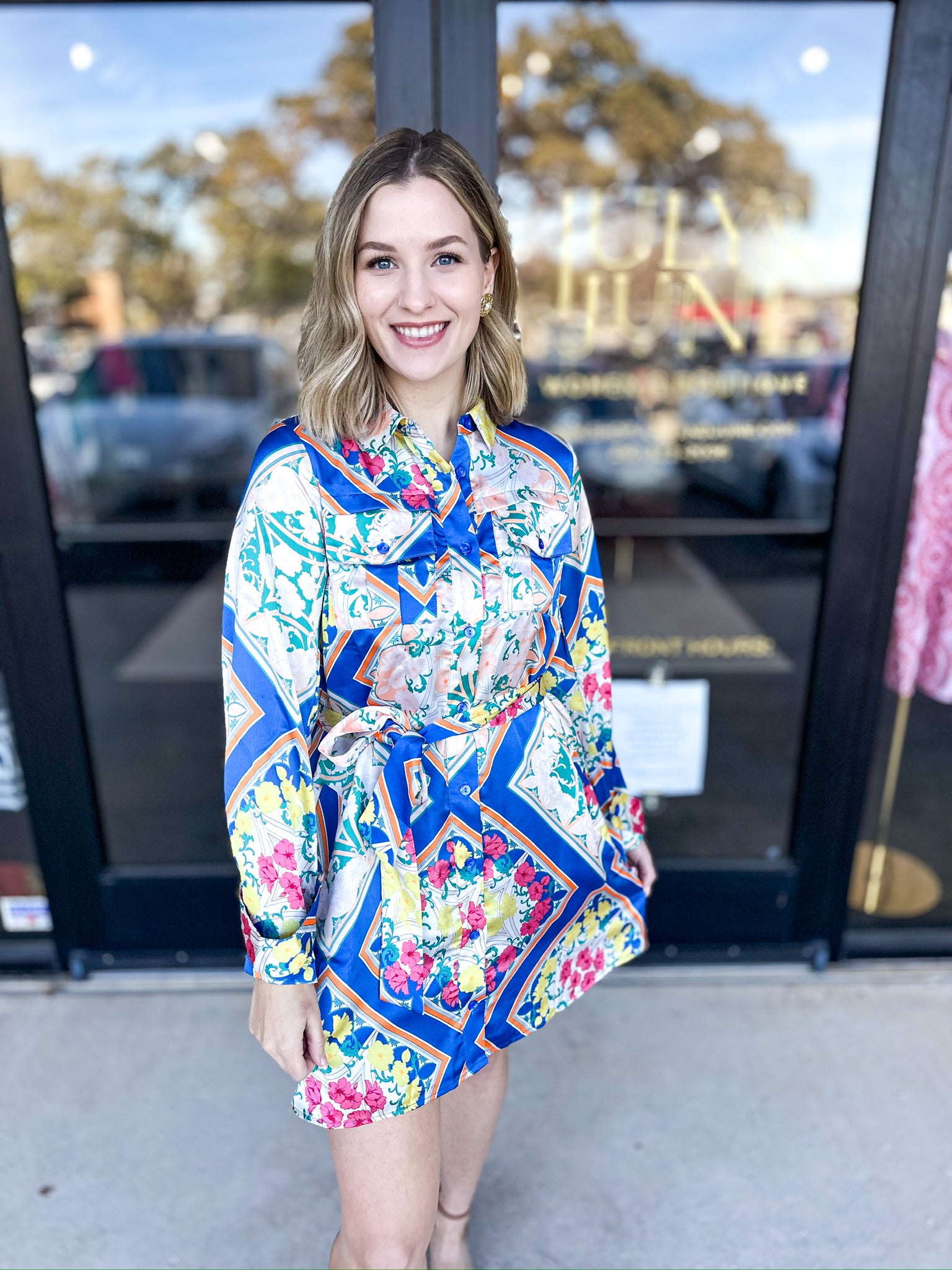 Royal Blue Scarf Print Mini Dress-510 Mini-FATE-July & June Women's Fashion Boutique Located in San Antonio, Texas