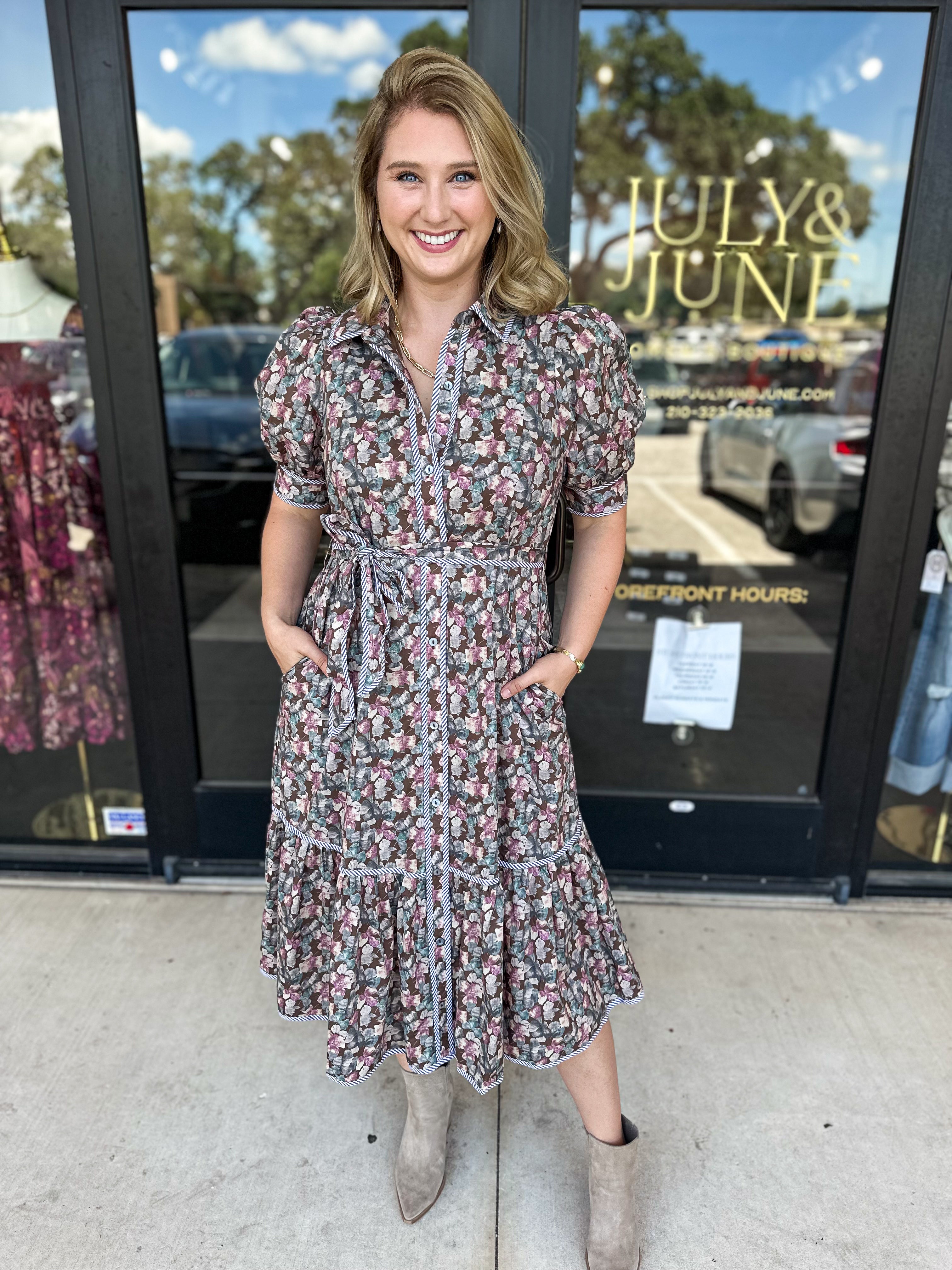 Mocha Floral Midi Dress-500 Midi-ENTRO-July & June Women's Fashion Boutique Located in San Antonio, Texas