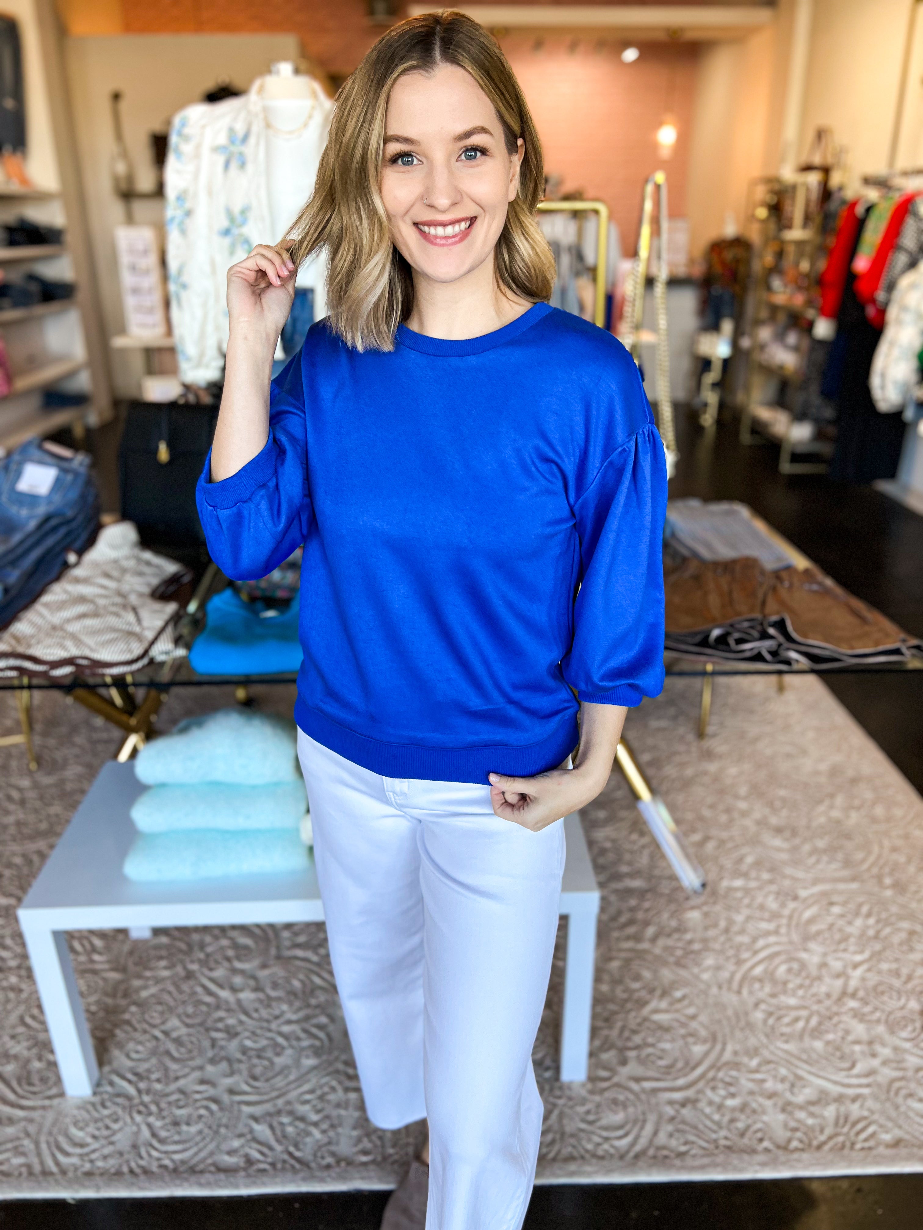 Casual Comfy Tee - Bright Blue-210 Casual Blouses-JODIFL-July & June Women's Fashion Boutique Located in San Antonio, Texas