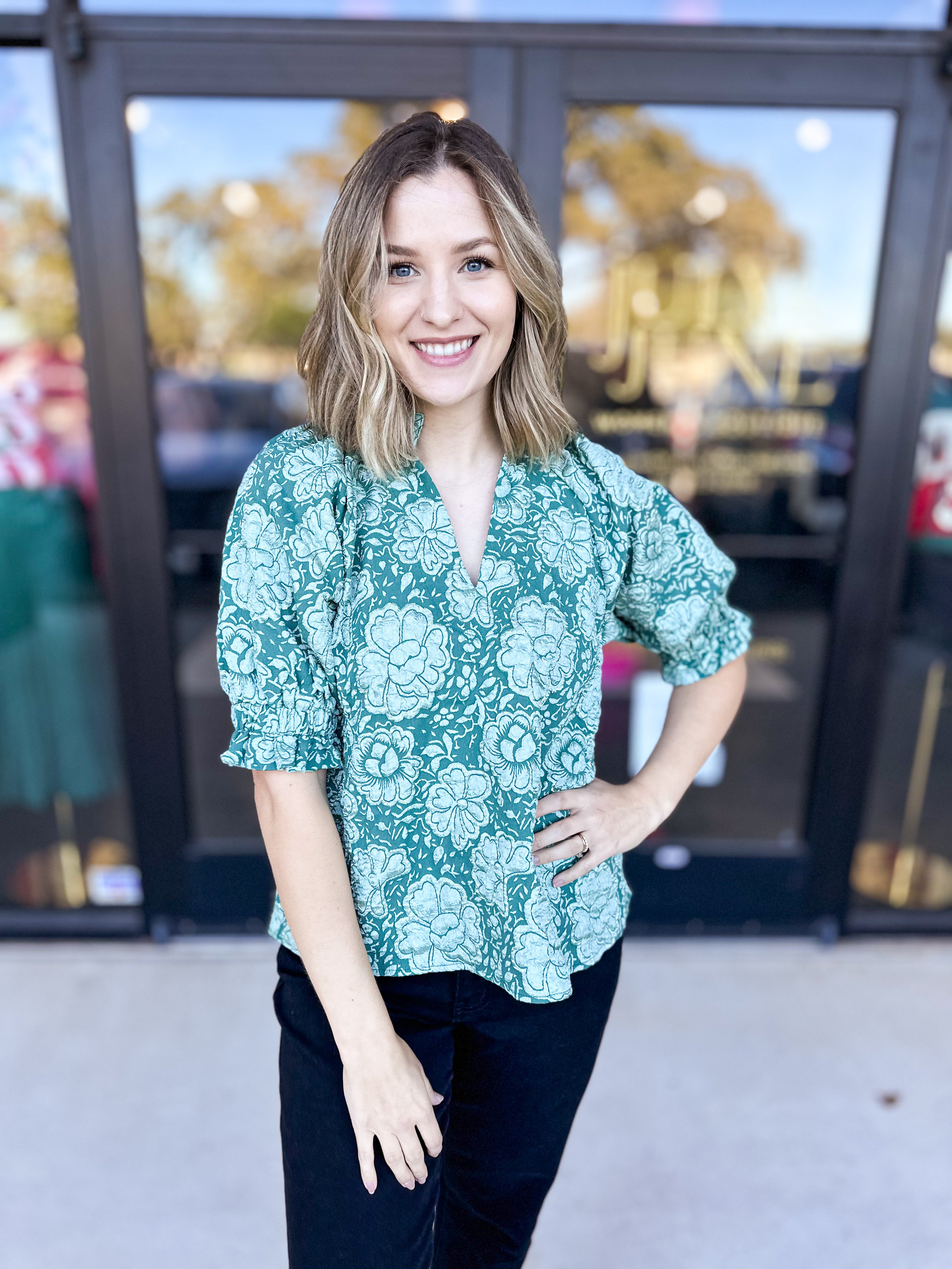 THML - Sage Green Floral Blouse-200 Fashion Blouses-THML-July & June Women's Fashion Boutique Located in San Antonio, Texas