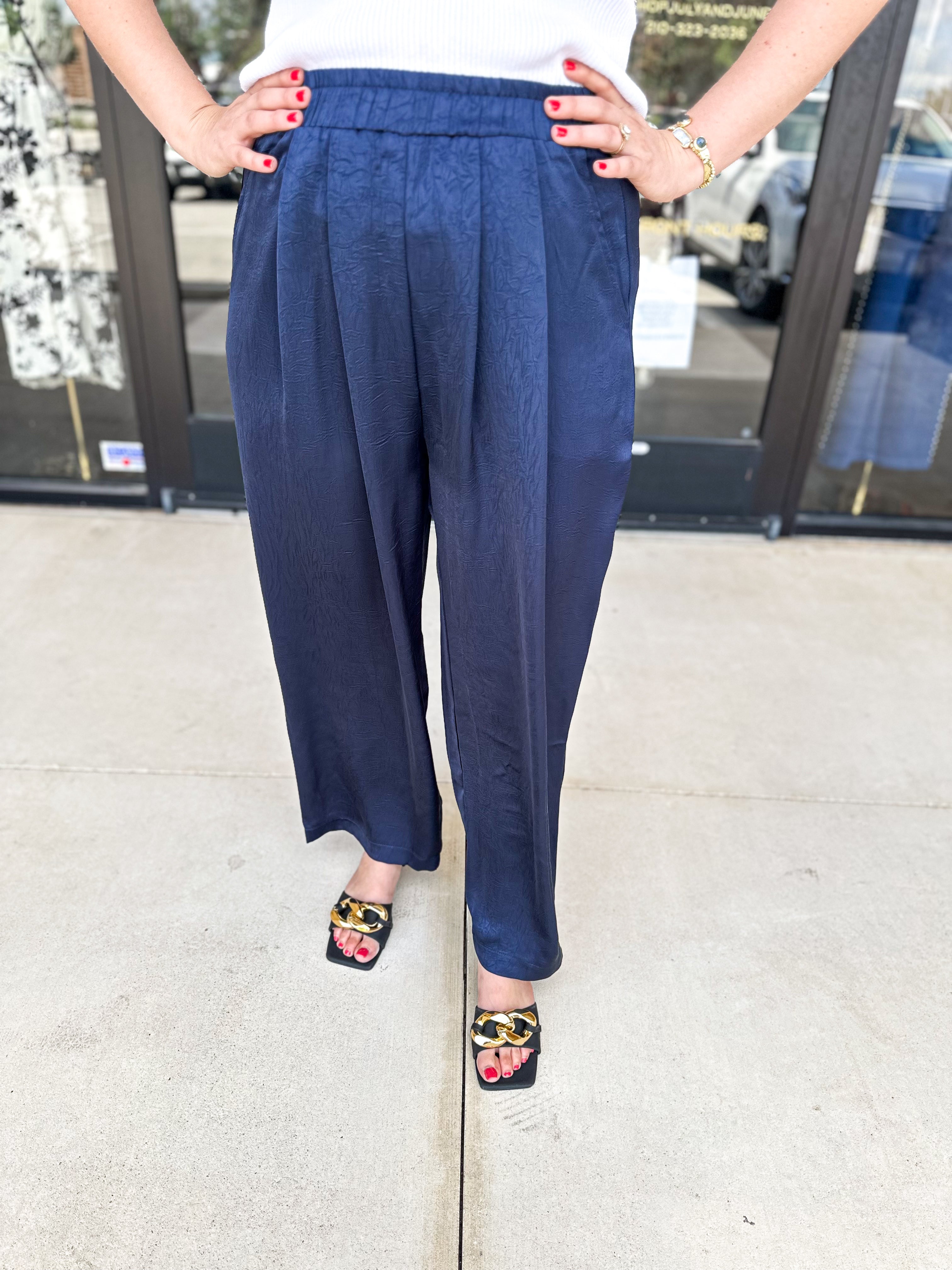 Navy Satin Trouser Pants-400 Pants-PINCH-July & June Women's Fashion Boutique Located in San Antonio, Texas