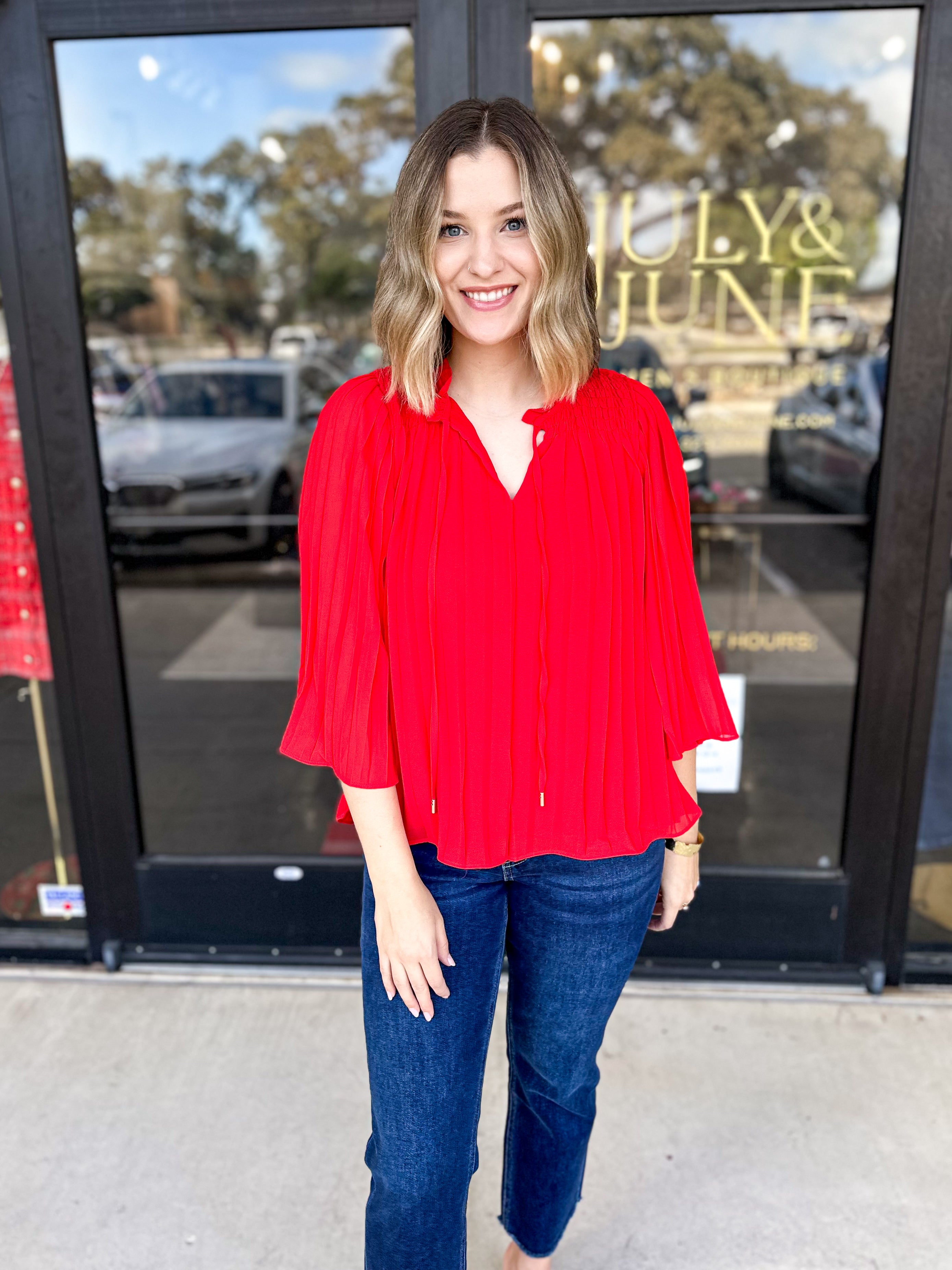 Pleated Blouse - Red - PINK FRIDAY DOORBUSTER - ONLINE-PINK FRIDAY DOORBUSTERS-SKIES ARE BLUE-July & June Women's Fashion Boutique Located in San Antonio, Texas