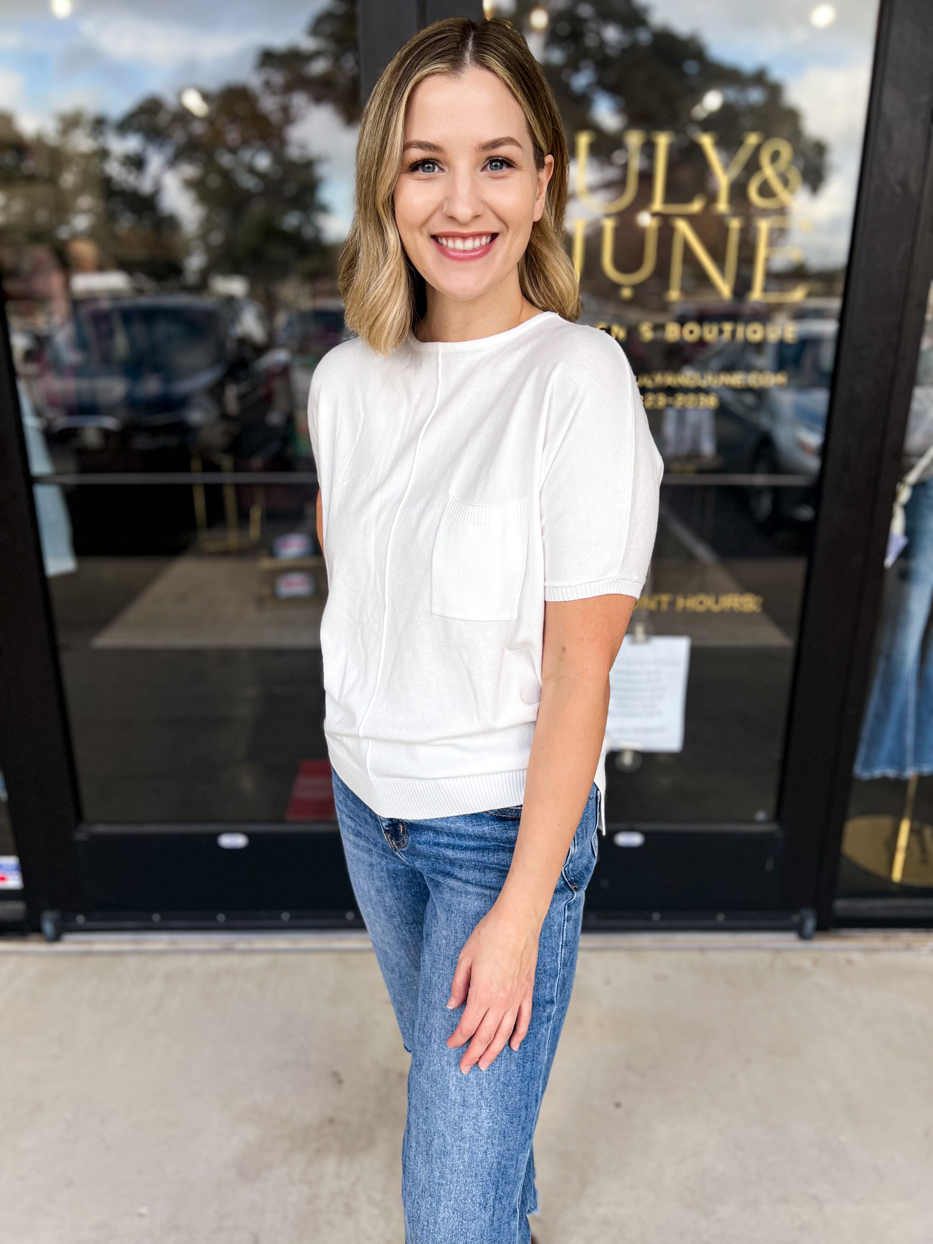 Comfy Pocket Sweater Tee - White-200 Fashion Blouses-ALLIE ROSE-July & June Women's Fashion Boutique Located in San Antonio, Texas