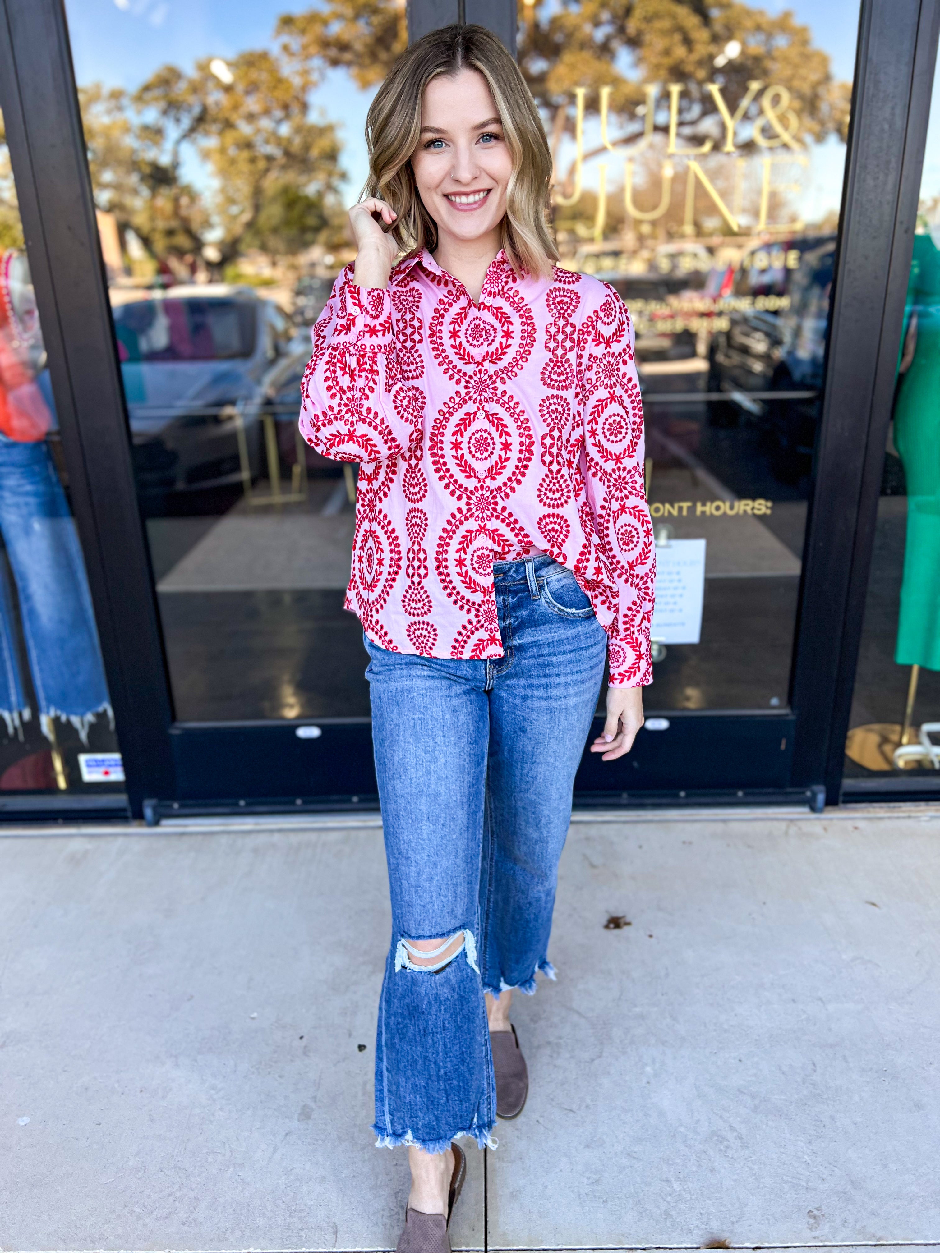 Pink & Red Embroidered Button Down Blouse-200 Fashion Blouses-SKIES ARE BLUE-July & June Women's Fashion Boutique Located in San Antonio, Texas