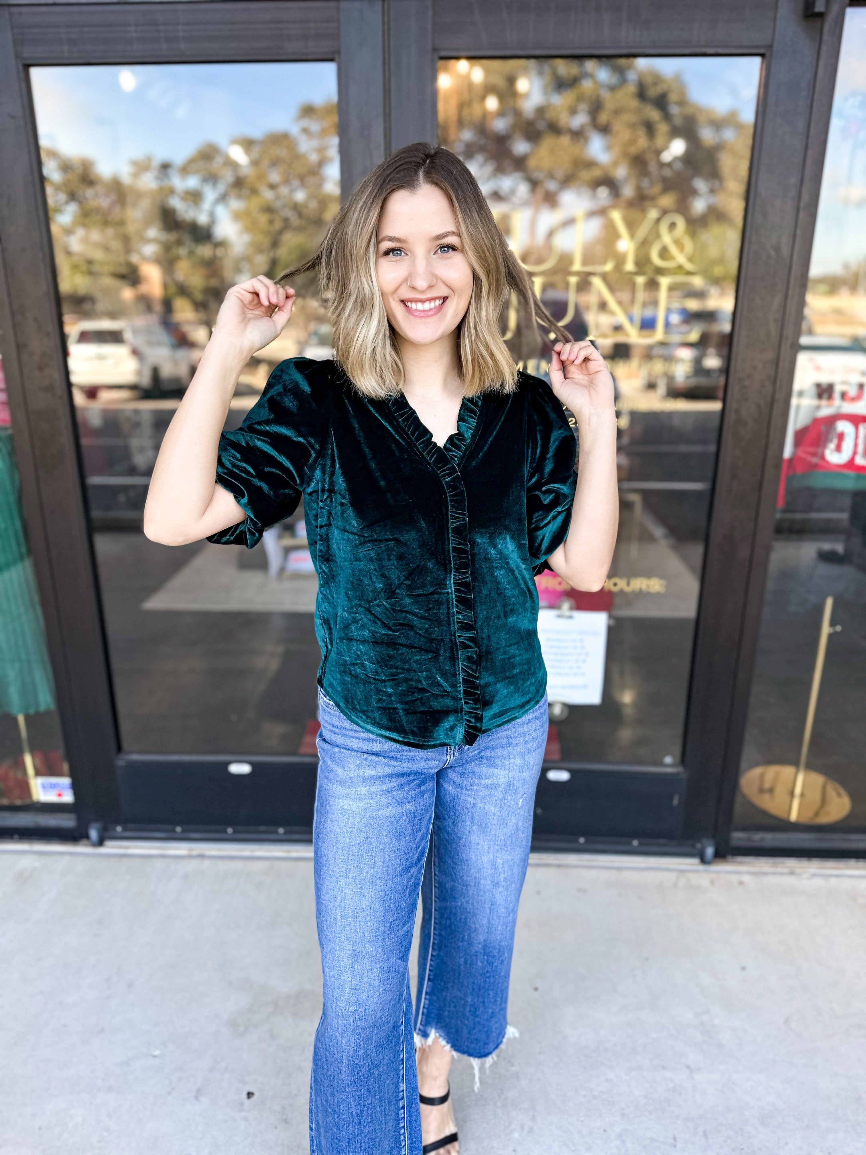 THML- Dark Teal Velvet Ruffle Blouse-200 Fashion Blouses-THML-July & June Women's Fashion Boutique Located in San Antonio, Texas