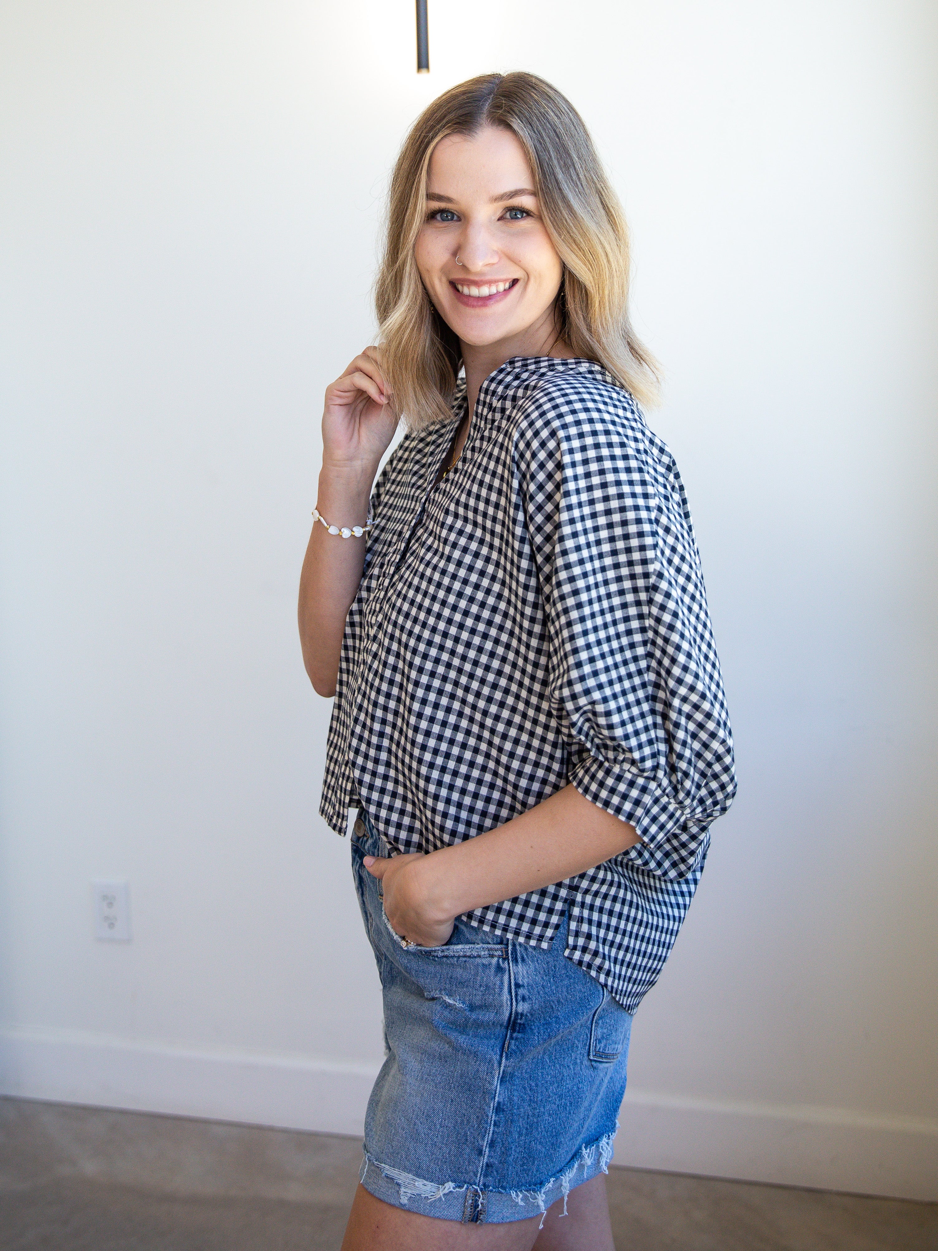 Gingham Sweetheart Blouse - Navy-200 Fashion Blouses-ALLIE ROSE-July & June Women's Fashion Boutique Located in San Antonio, Texas