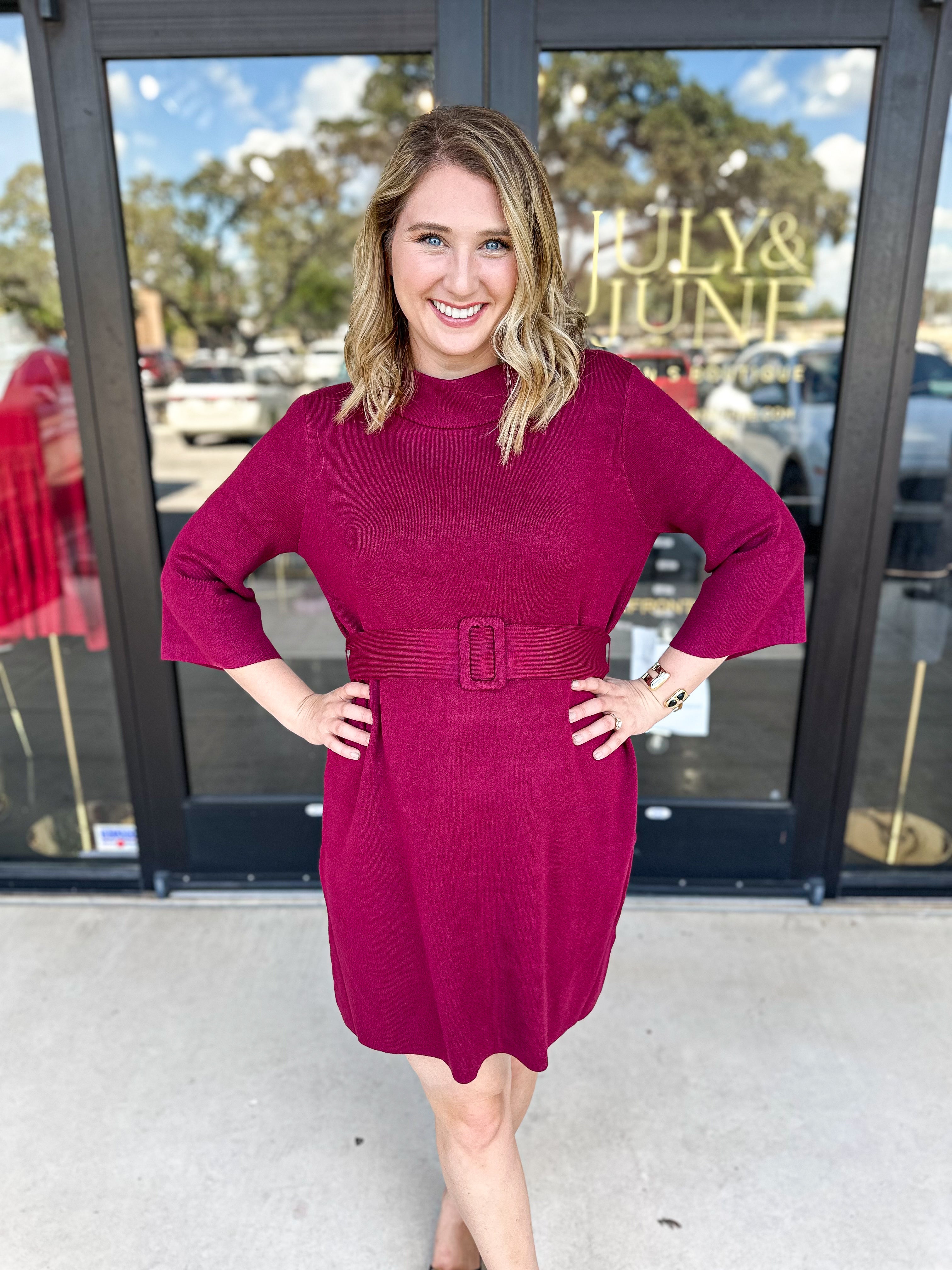 Merlot Belted Sweater Mini Dress-510 Mini-FATE-July & June Women's Fashion Boutique Located in San Antonio, Texas