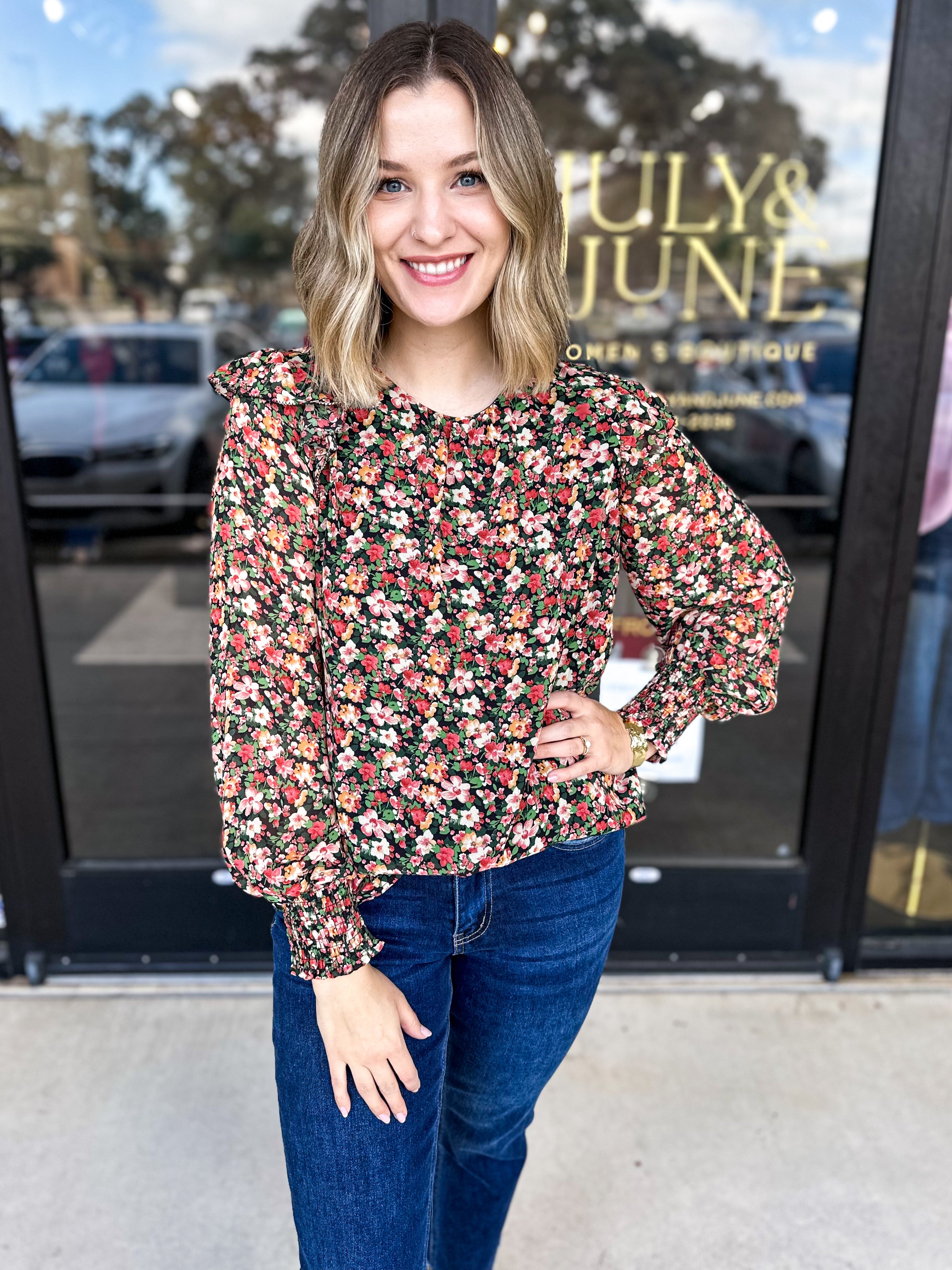 Floral Printed Blouse - PINK FRIDAY DOORBUSTER - ONLINE-PINK FRIDAY DOORBUSTERS-SKIES ARE BLUE-July & June Women's Fashion Boutique Located in San Antonio, Texas