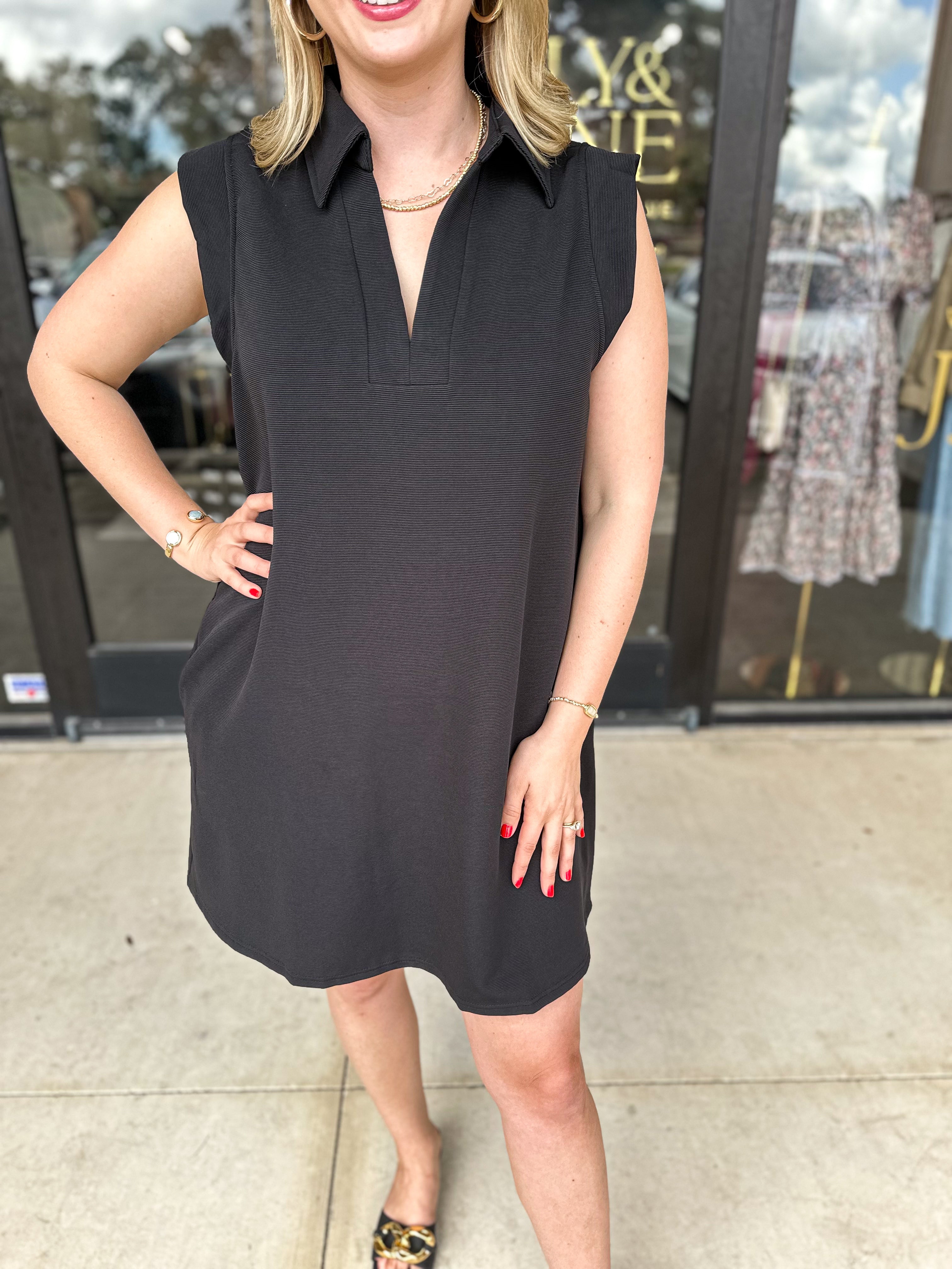 Collared Mini Dress - Black-510 Mini-ENTRO-July & June Women's Fashion Boutique Located in San Antonio, Texas