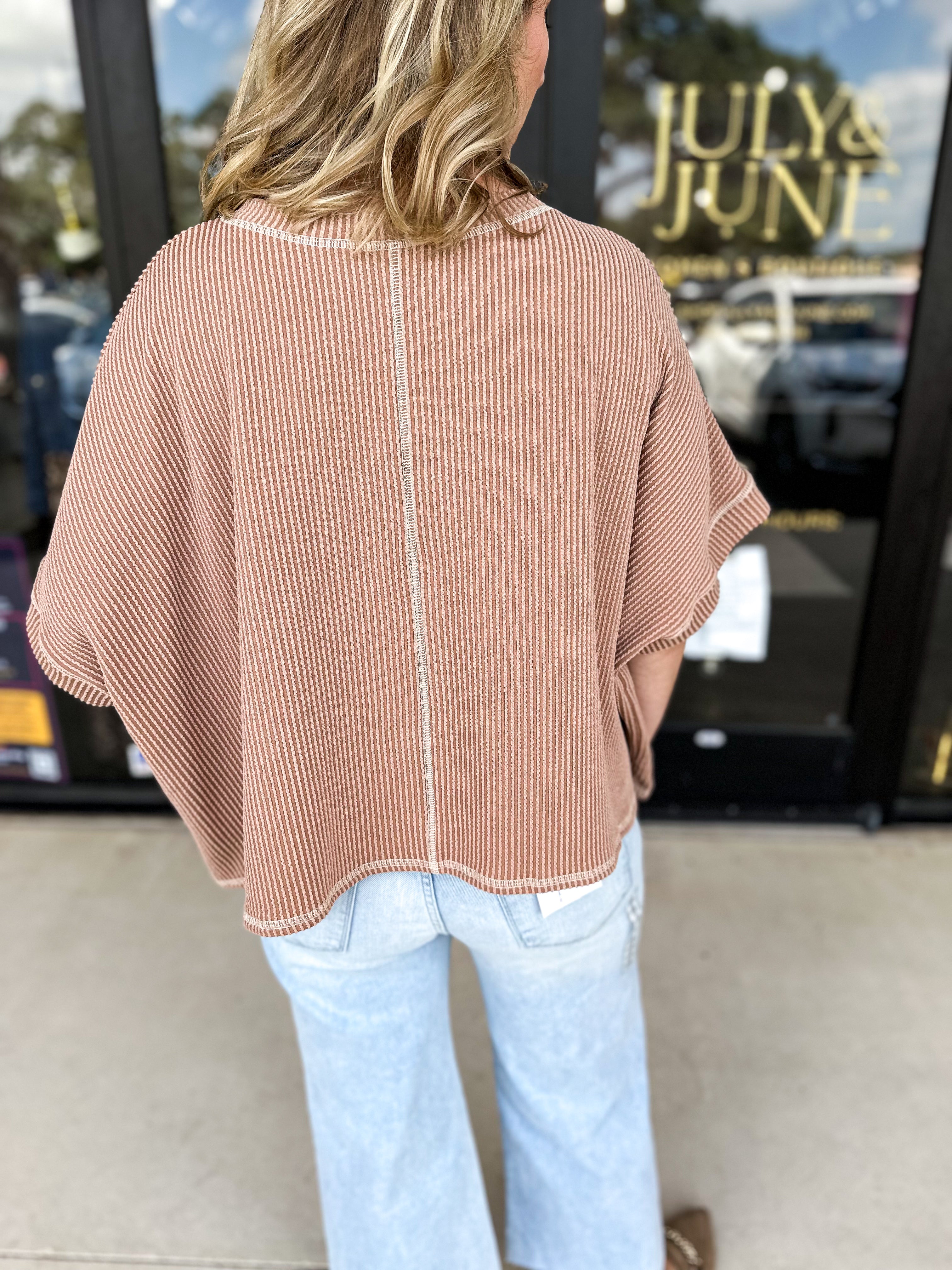 Oversized Ribbed Pocket Tee - Mocha-210 Casual Blouses-FANTASTIC FAWN-July & June Women's Fashion Boutique Located in San Antonio, Texas