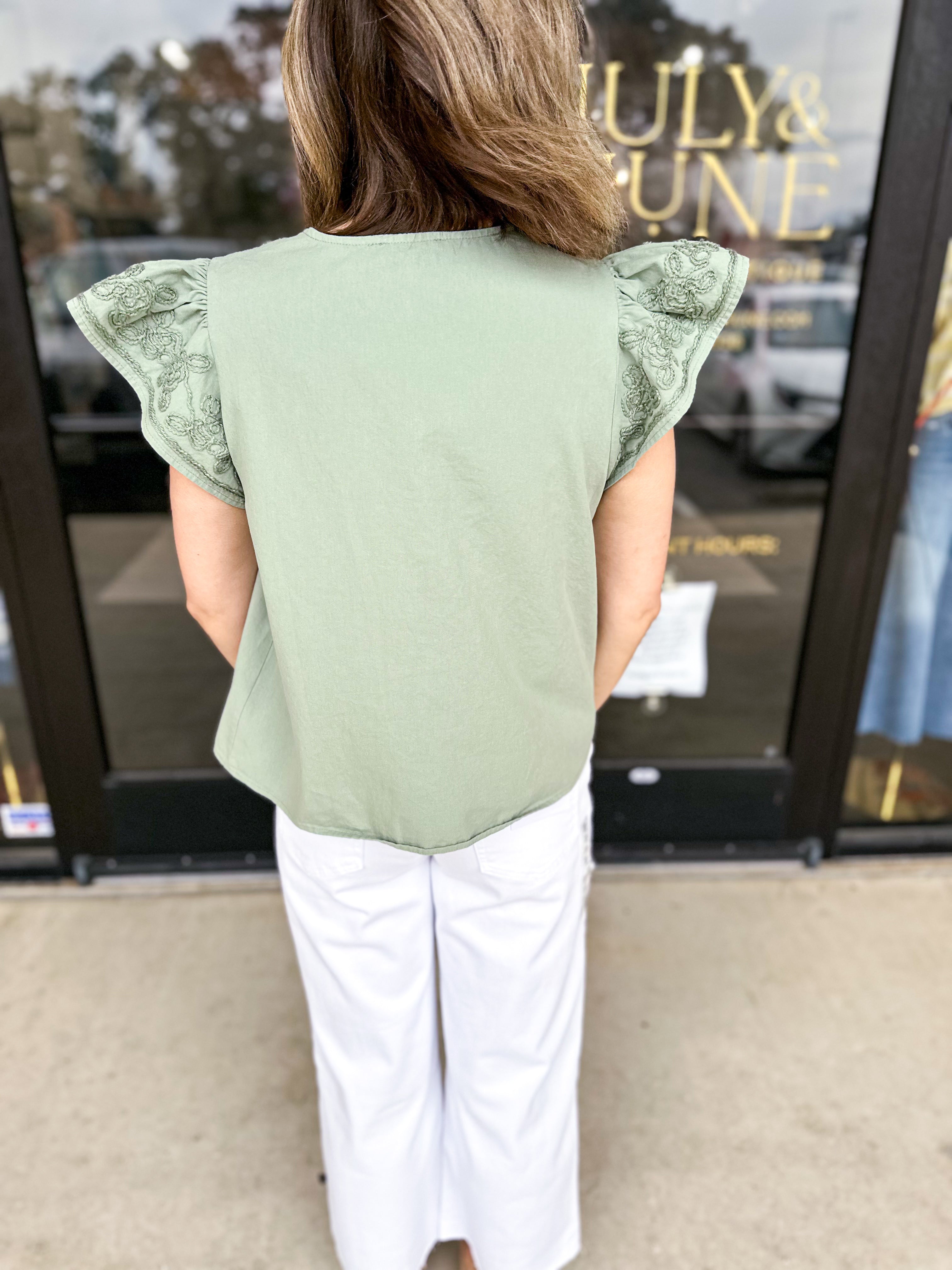 The Magnolia Embroidered Blouse - Seafoam-200 Fashion Blouses-ENTRO-July & June Women's Fashion Boutique Located in San Antonio, Texas