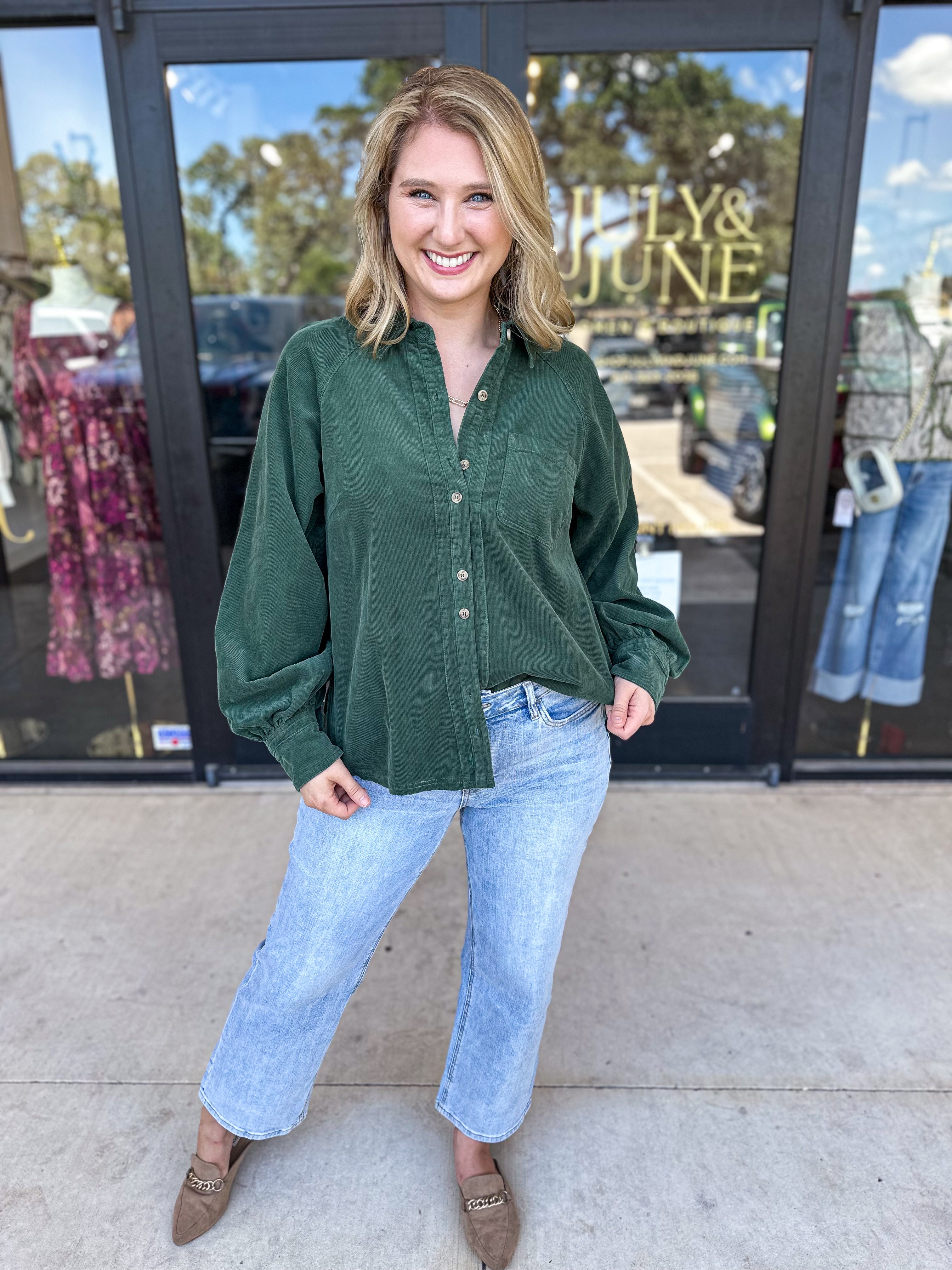 Corduroy Button Down - Deep Green-200 Fashion Blouses-JODIFL-July & June Women's Fashion Boutique Located in San Antonio, Texas