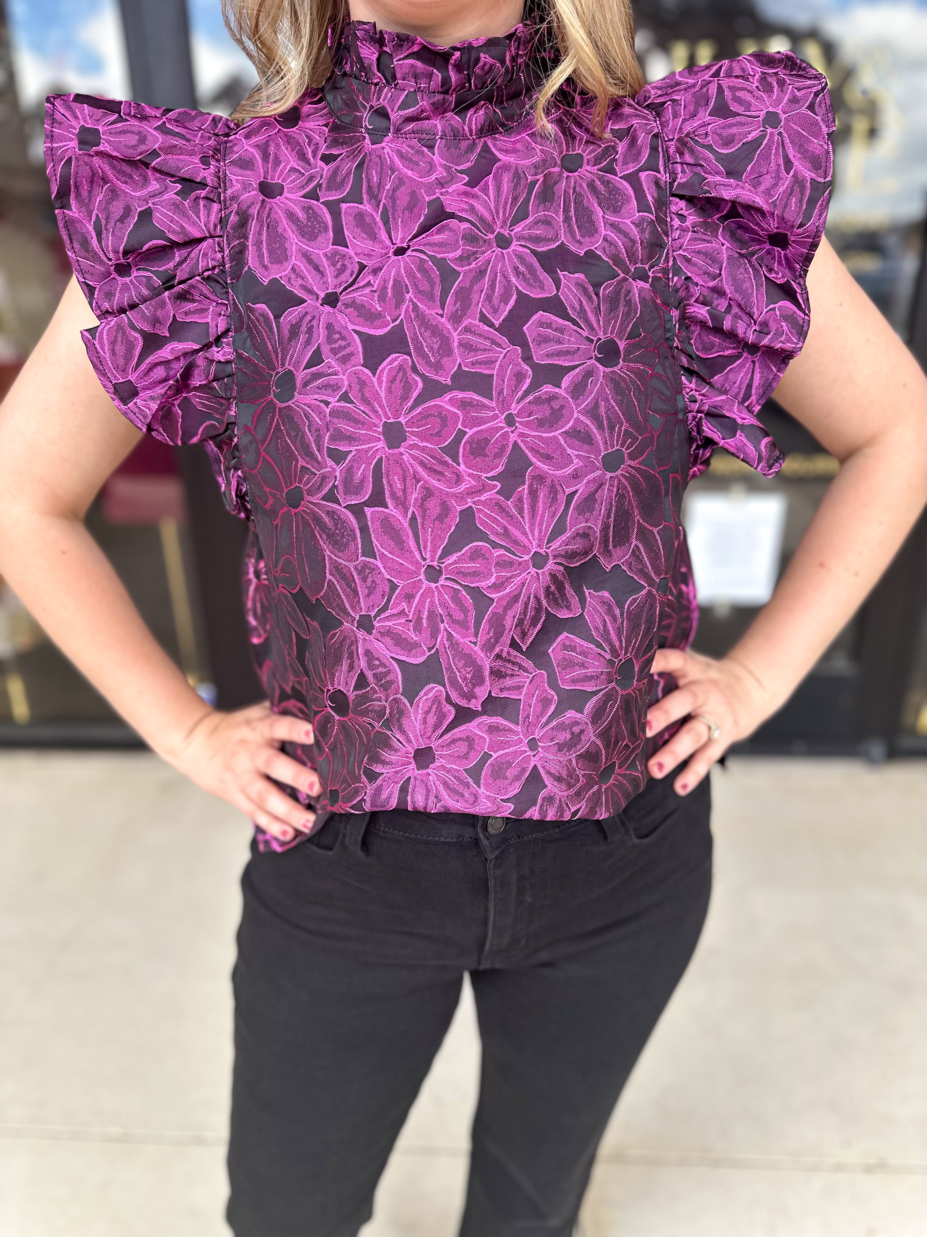 Orchid Jacquard Blouse-200 Fashion Blouses-ENTRO-July & June Women's Fashion Boutique Located in San Antonio, Texas