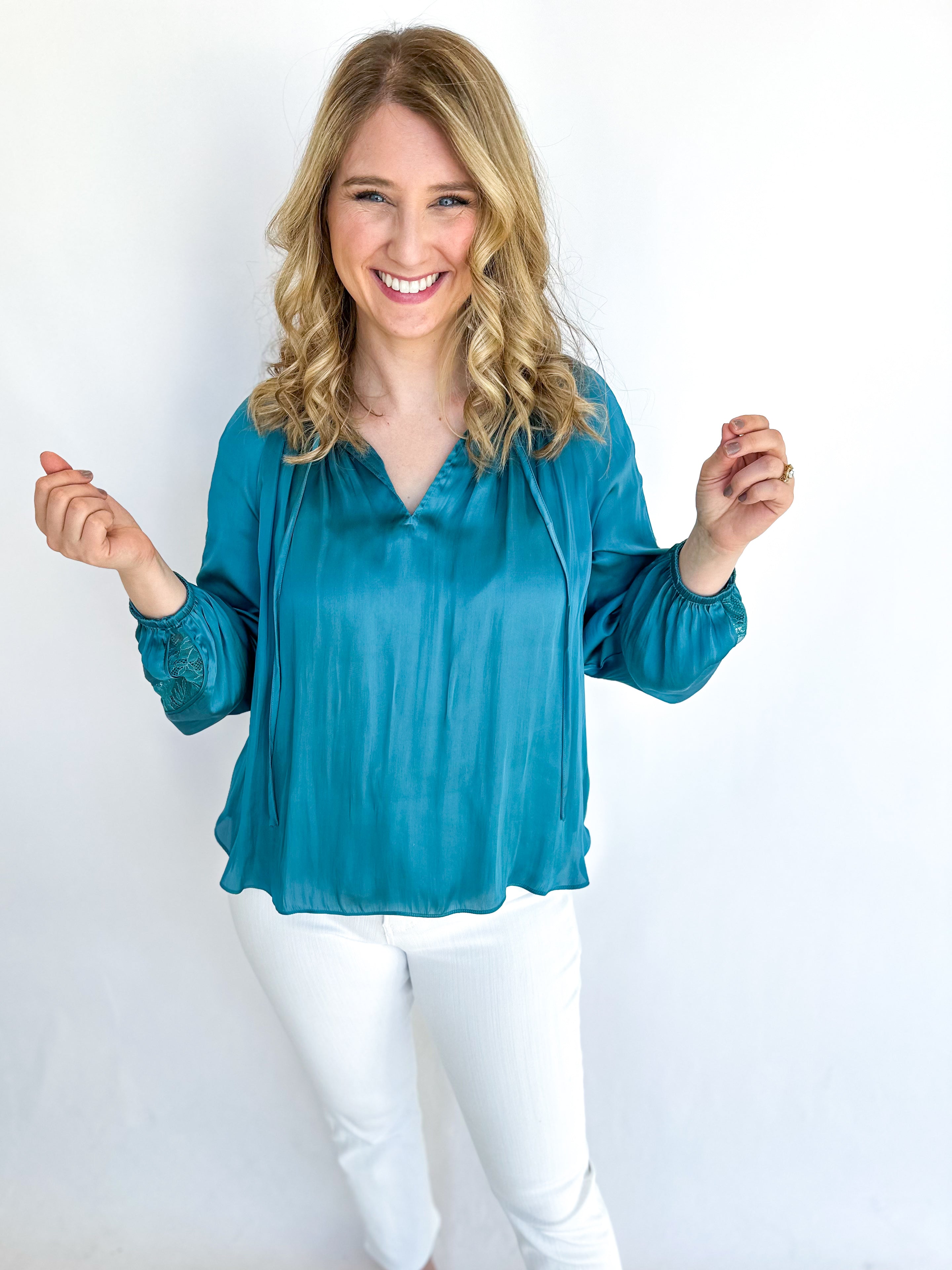 Ice Blue Lace Blouse-200 Fashion Blouses-CURRENT AIR CLOTHING-July & June Women's Fashion Boutique Located in San Antonio, Texas