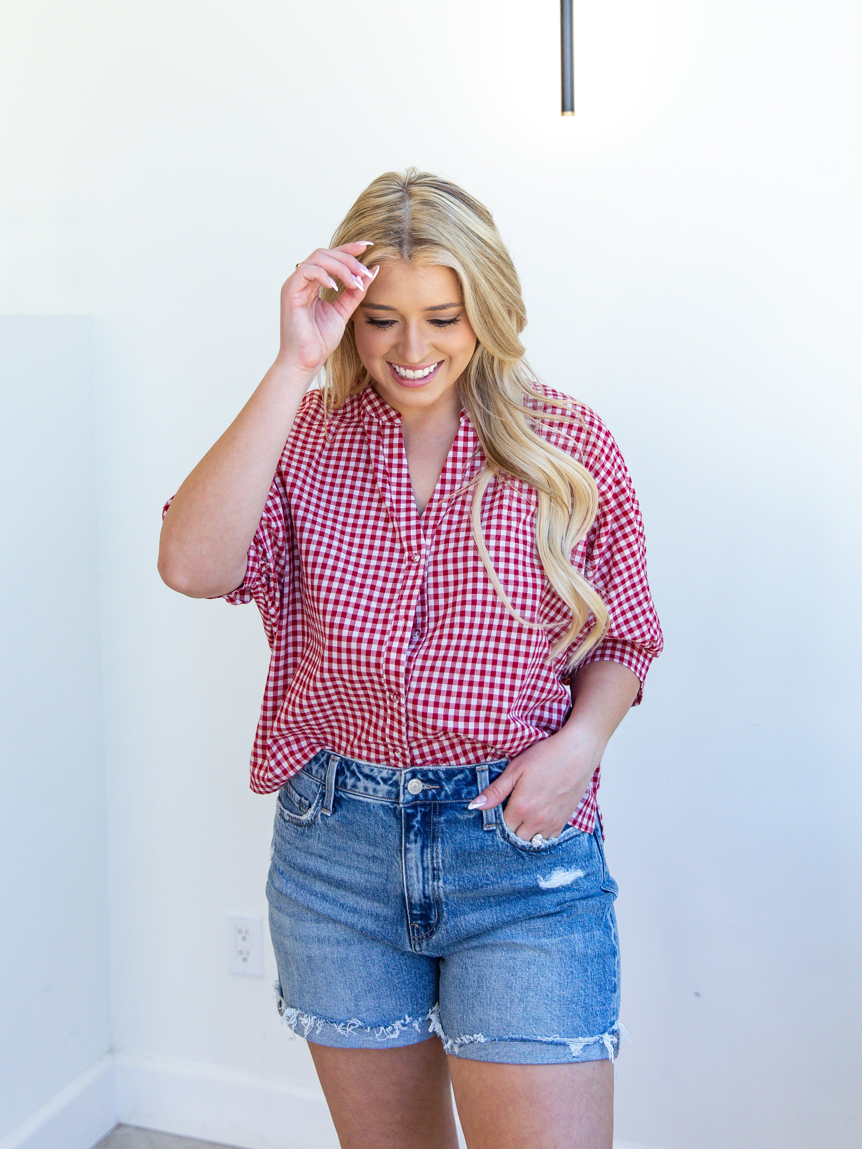 Gingham Sweetheart Blouse - Red-200 Fashion Blouses-ALLIE ROSE-July & June Women's Fashion Boutique Located in San Antonio, Texas