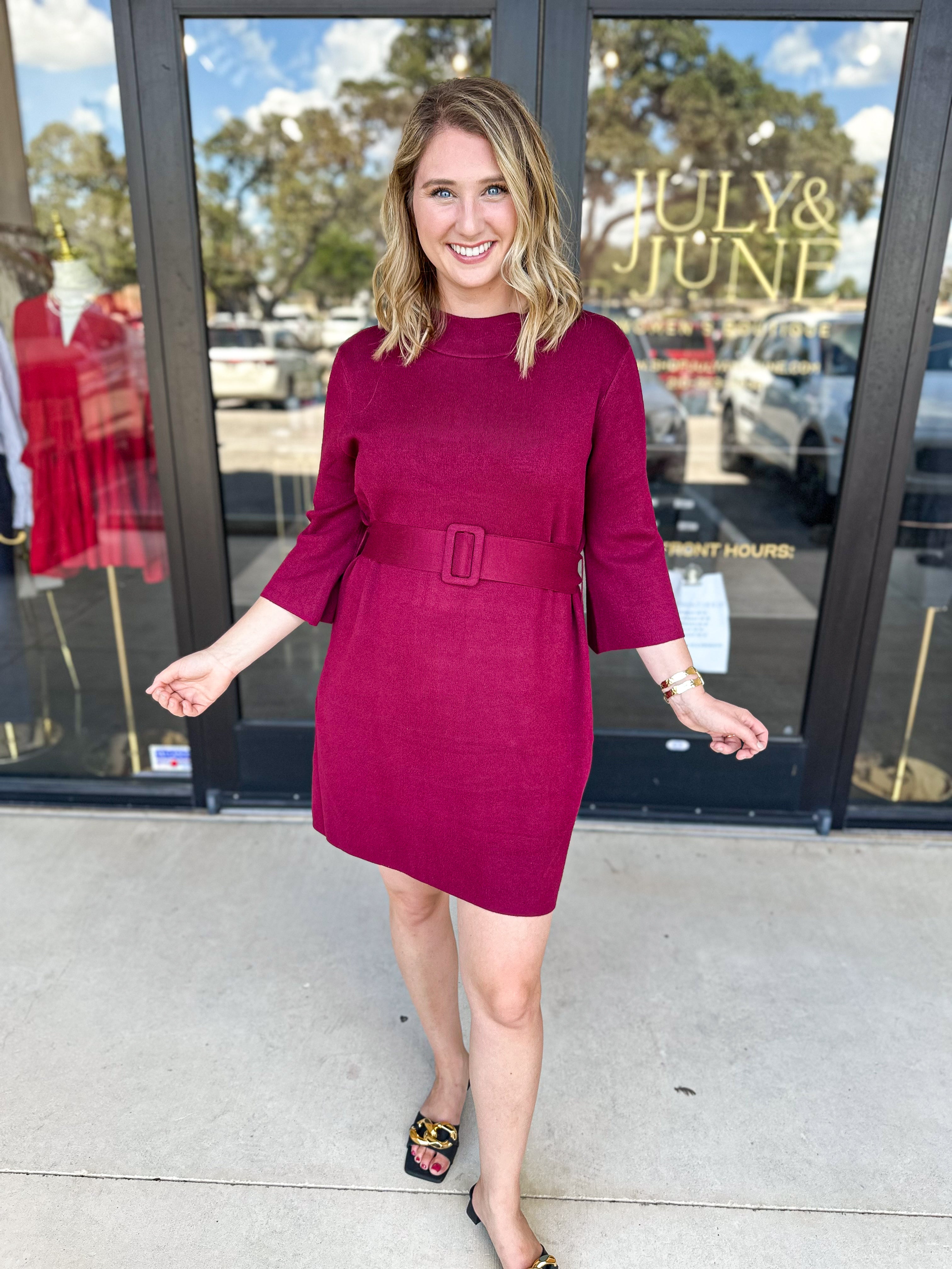 Merlot Belted Sweater Mini Dress-510 Mini-FATE-July & June Women's Fashion Boutique Located in San Antonio, Texas