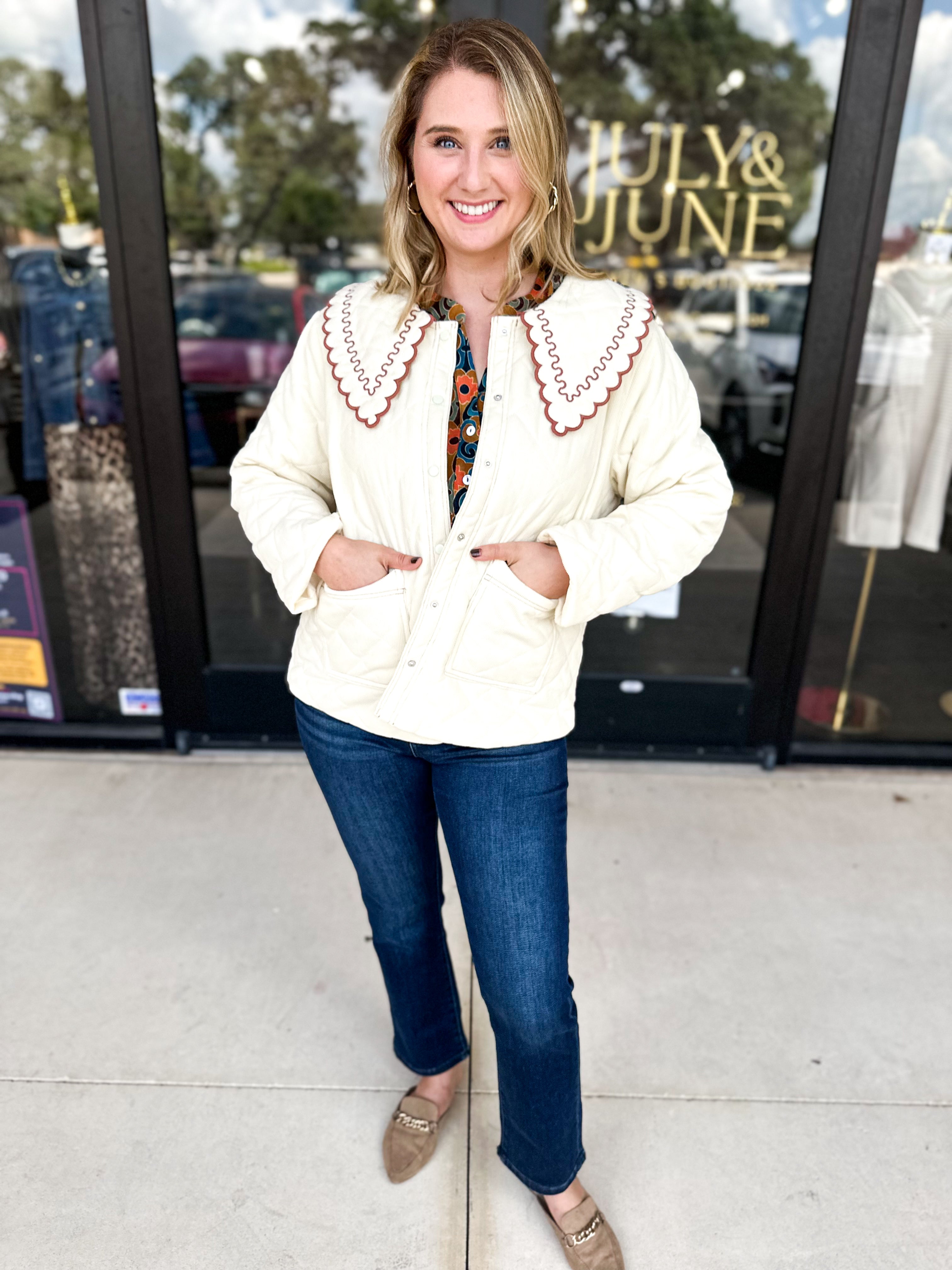 Emily Collared Quilted Jacket-600 Outerwear-ENTRO-July & June Women's Fashion Boutique Located in San Antonio, Texas