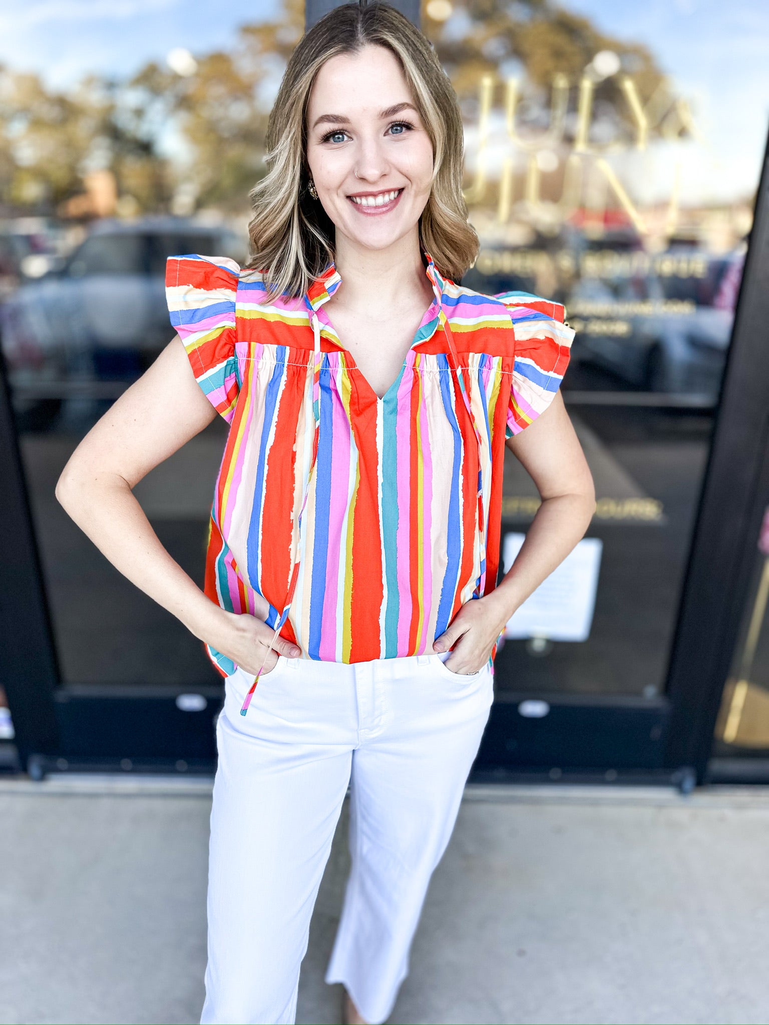 Orange Multi Flutter Sleeve Blouse-200 Fashion Blouses-FATE-July & June Women's Fashion Boutique Located in San Antonio, Texas