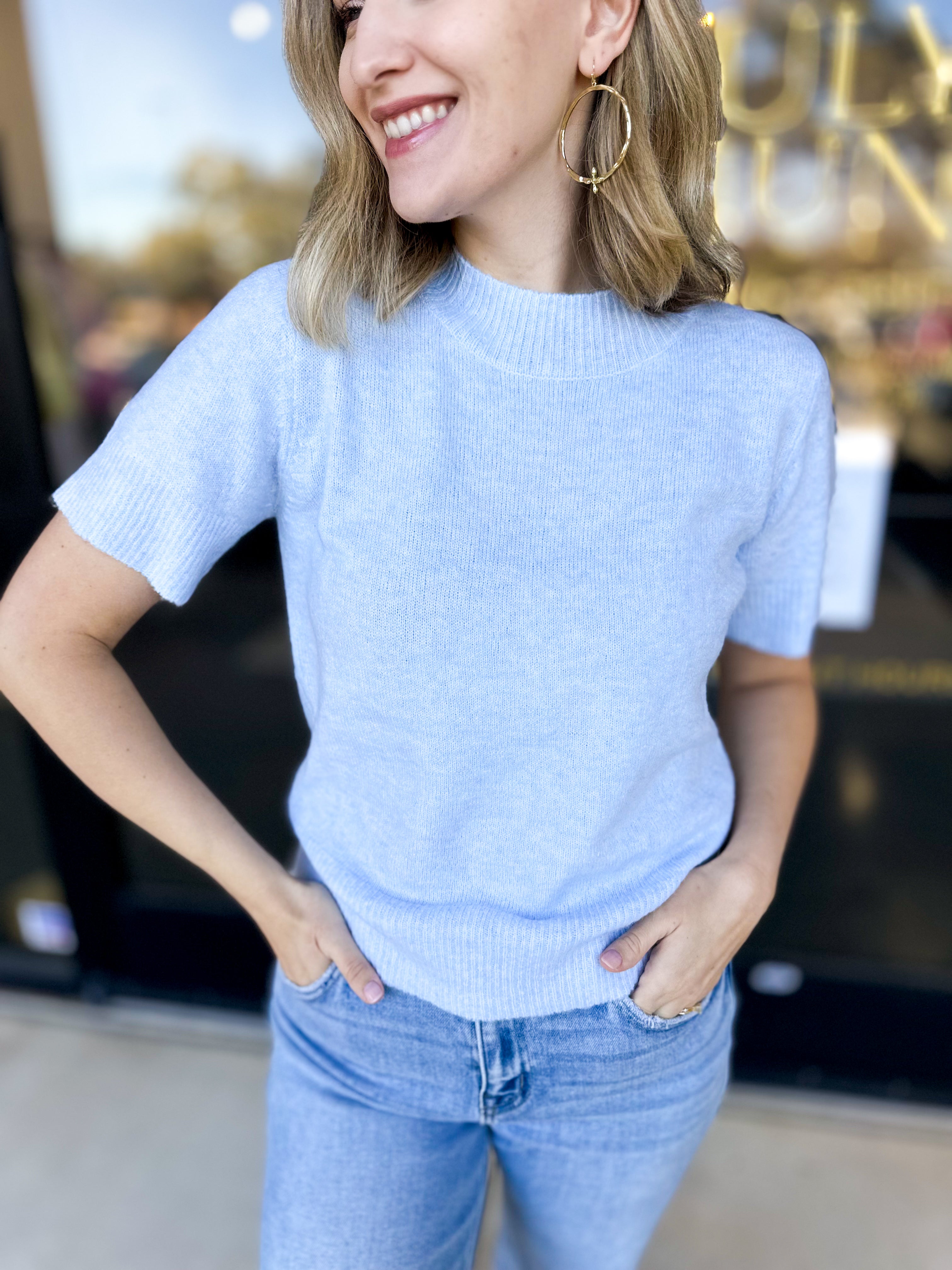 A Pastel Affair Knit Tee - Light Blue-230 Sweaters/Cardis-PINCH-July & June Women's Fashion Boutique Located in San Antonio, Texas