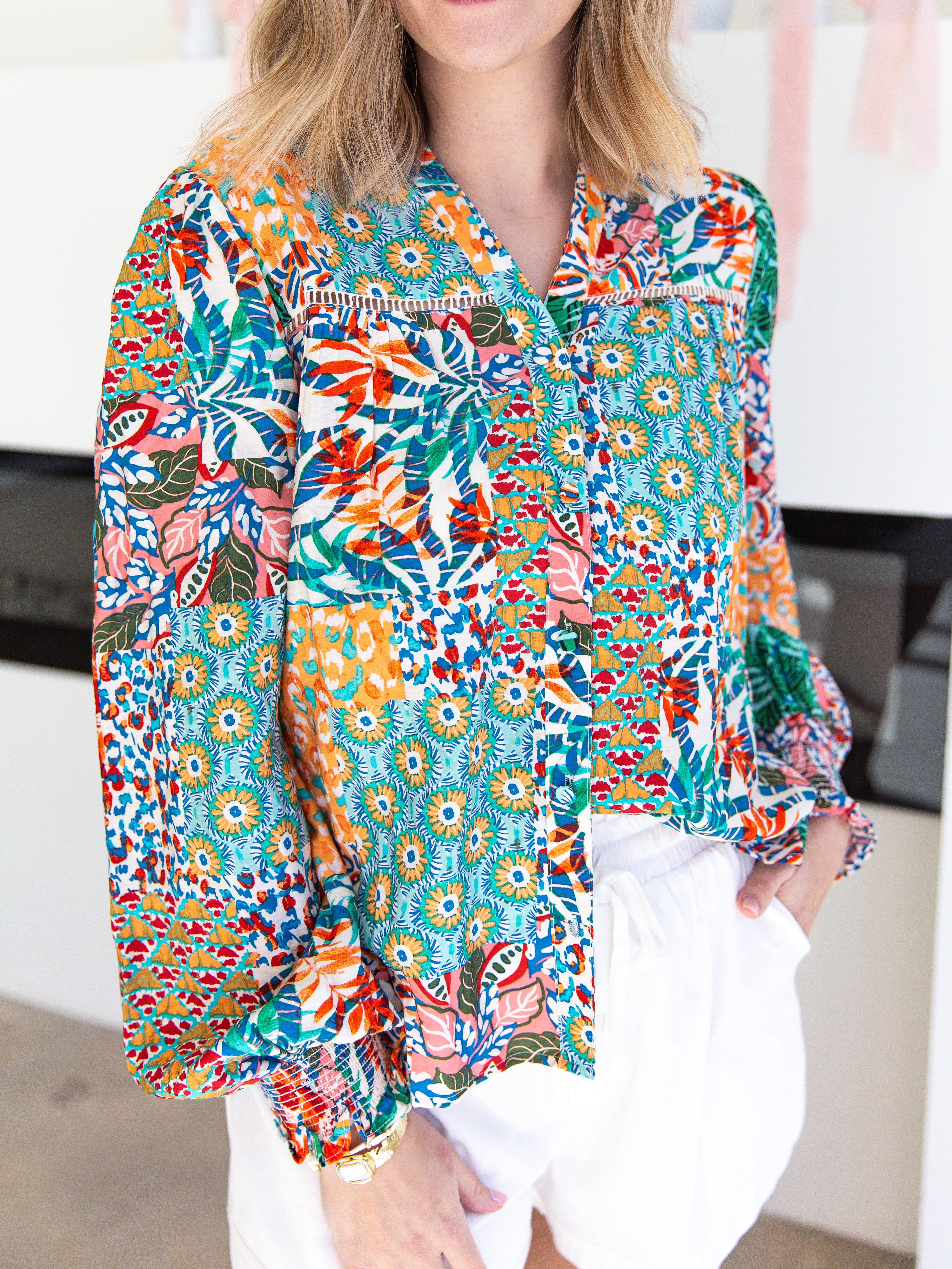 Patchwork & Lace Detailed Blouse-200 Fashion Blouses-FATE-July & June Women's Fashion Boutique Located in San Antonio, Texas