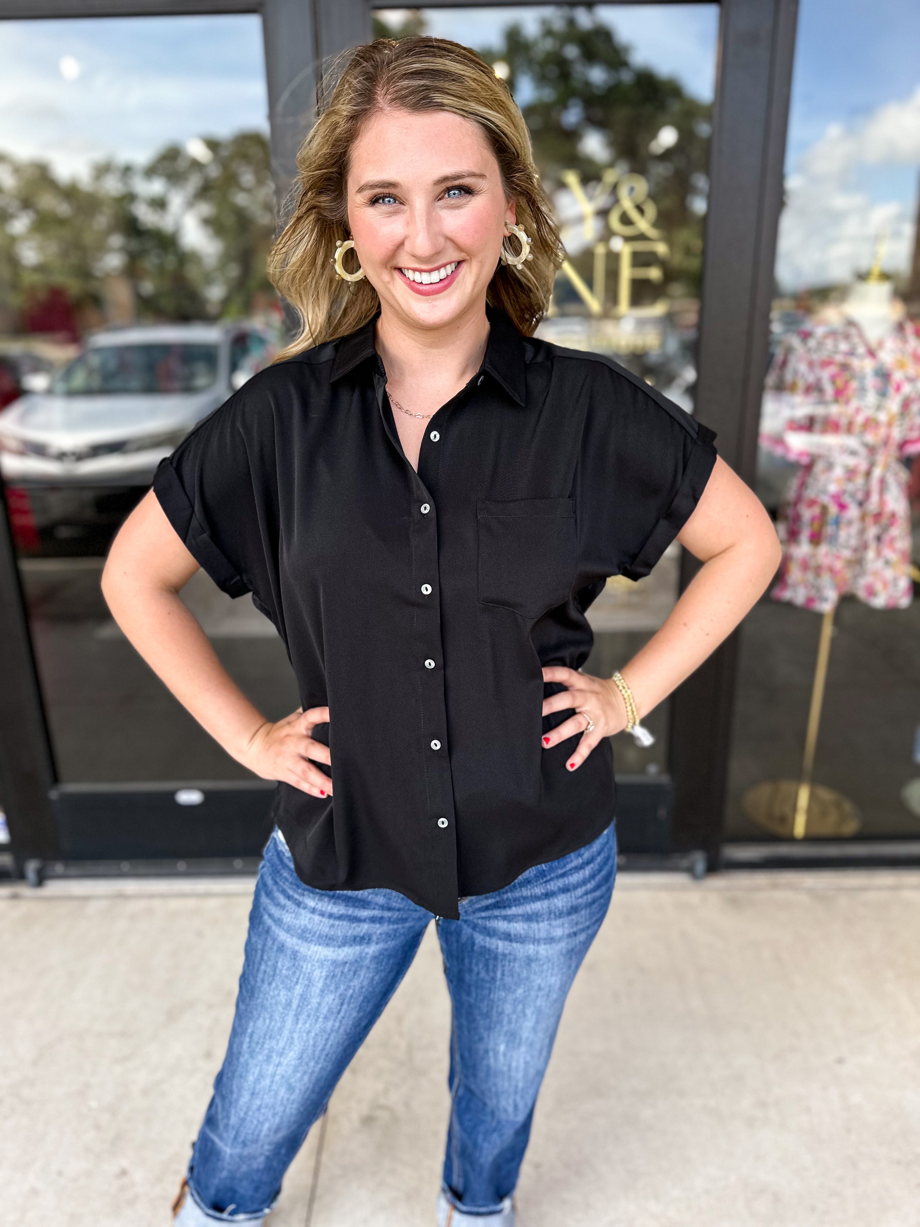 Work It Button Down Blouse - Black-200 Fashion Blouses-ENTRO-July & June Women's Fashion Boutique Located in San Antonio, Texas