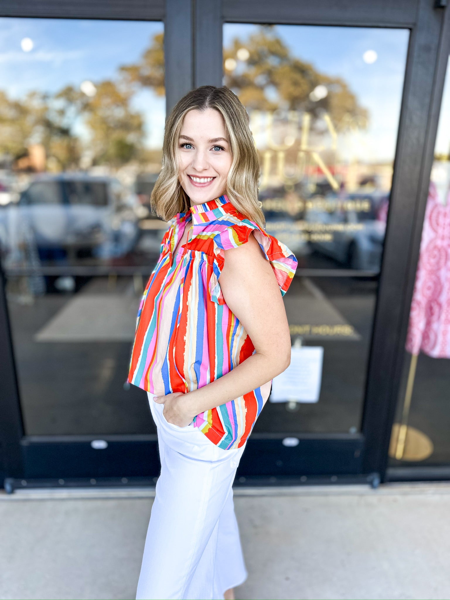 Orange Multi Flutter Sleeve Blouse-200 Fashion Blouses-FATE-July & June Women's Fashion Boutique Located in San Antonio, Texas