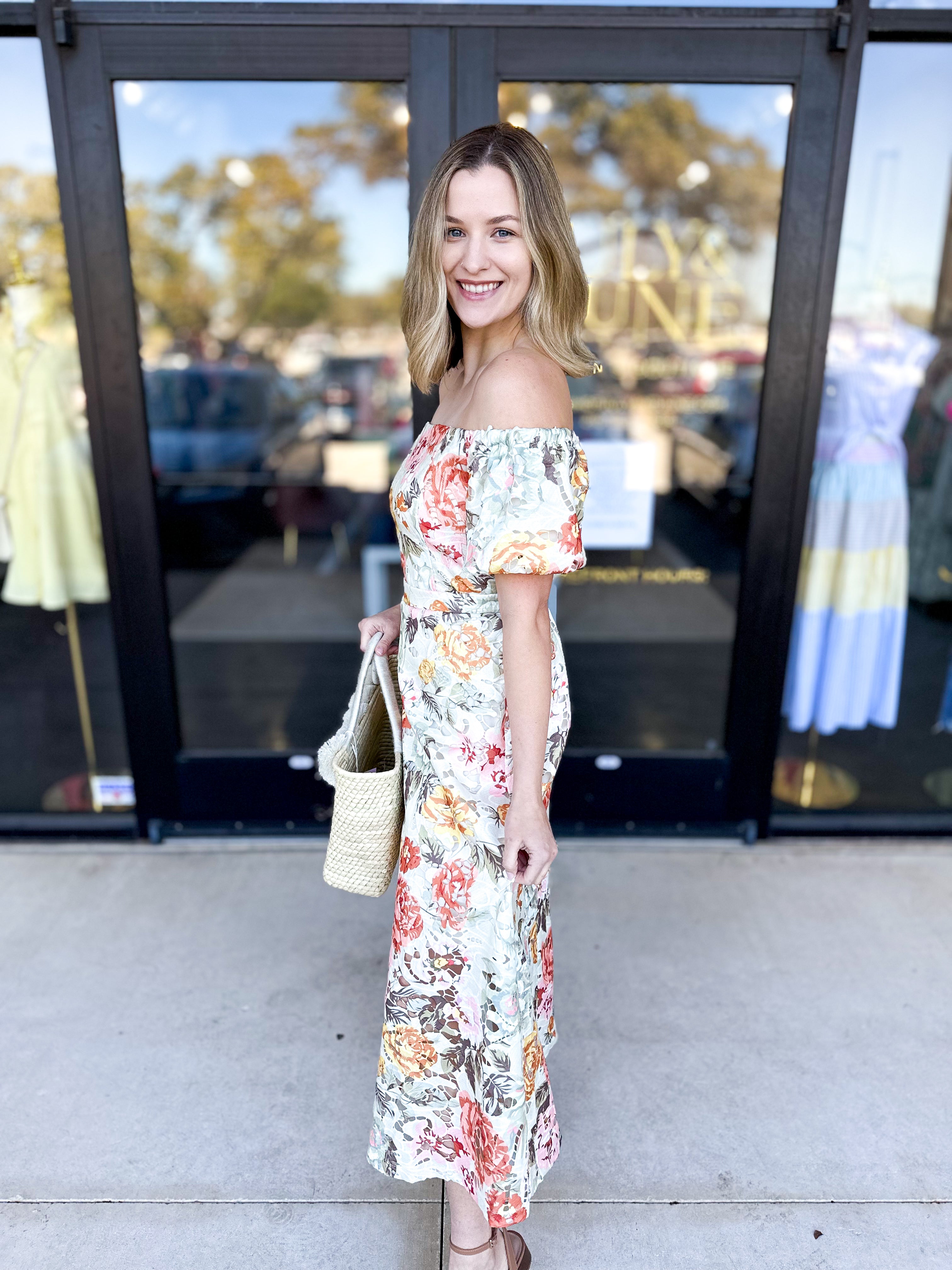 Whimsical Floral Midi Dress-500 Midi-SKIES ARE BLUE-July & June Women's Fashion Boutique Located in San Antonio, Texas