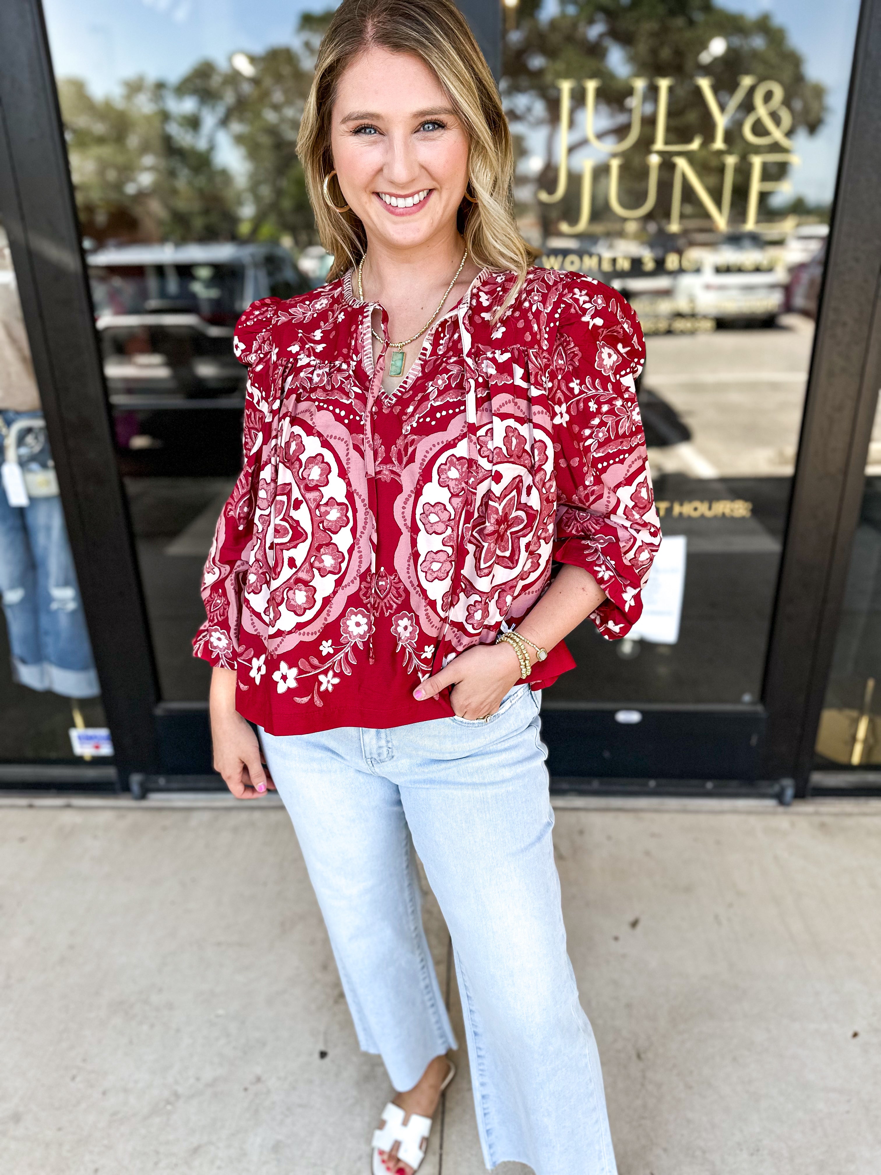 Wine Medallion Blouse-200 Fashion Blouses-&MERCI-July & June Women's Fashion Boutique Located in San Antonio, Texas