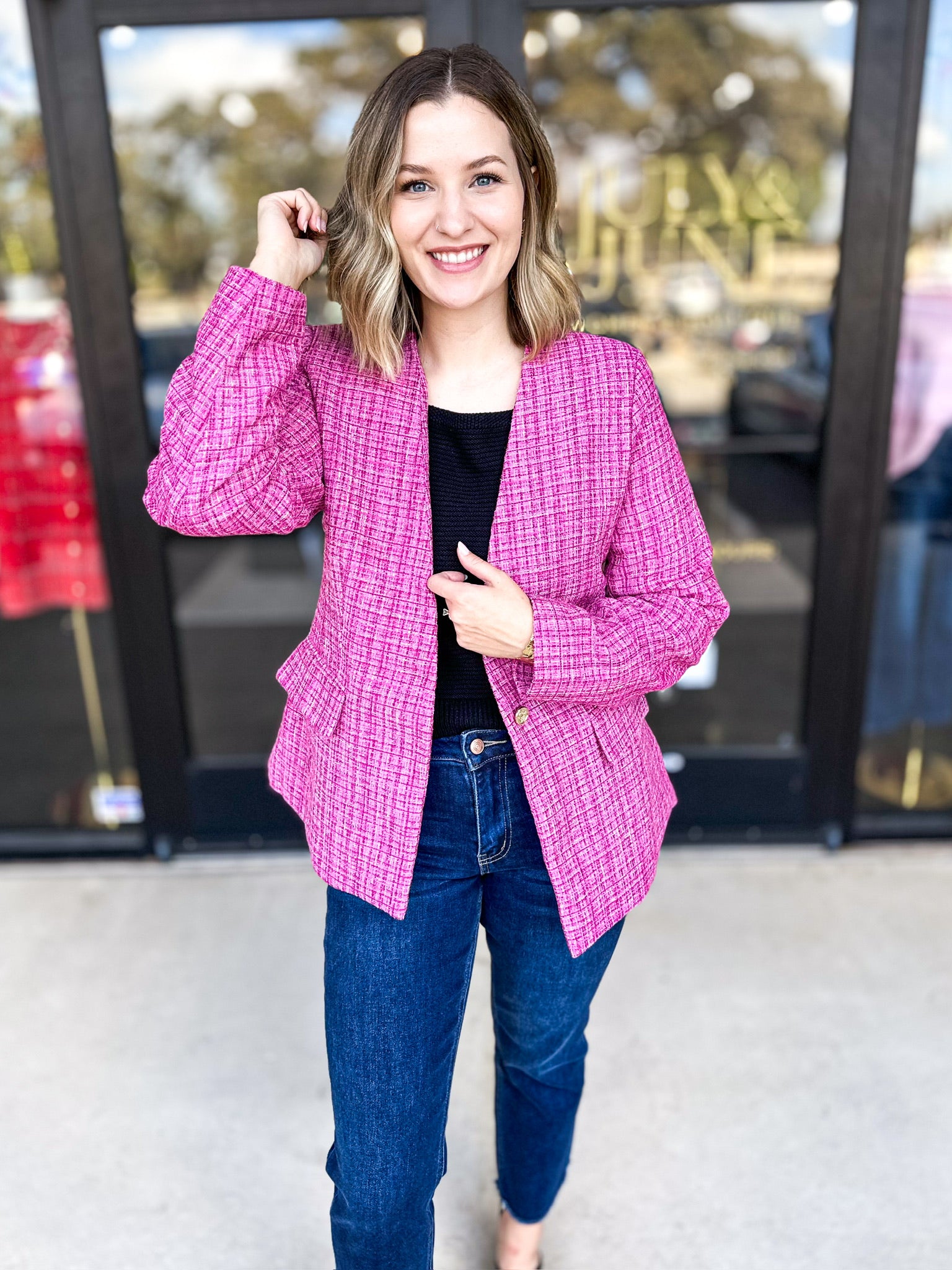 Pink Party Blazer - PINK FRIDAY DOORBUSTER - ONLINE-PINK FRIDAY DOORBUSTERS-ENTRO-July & June Women's Fashion Boutique Located in San Antonio, Texas