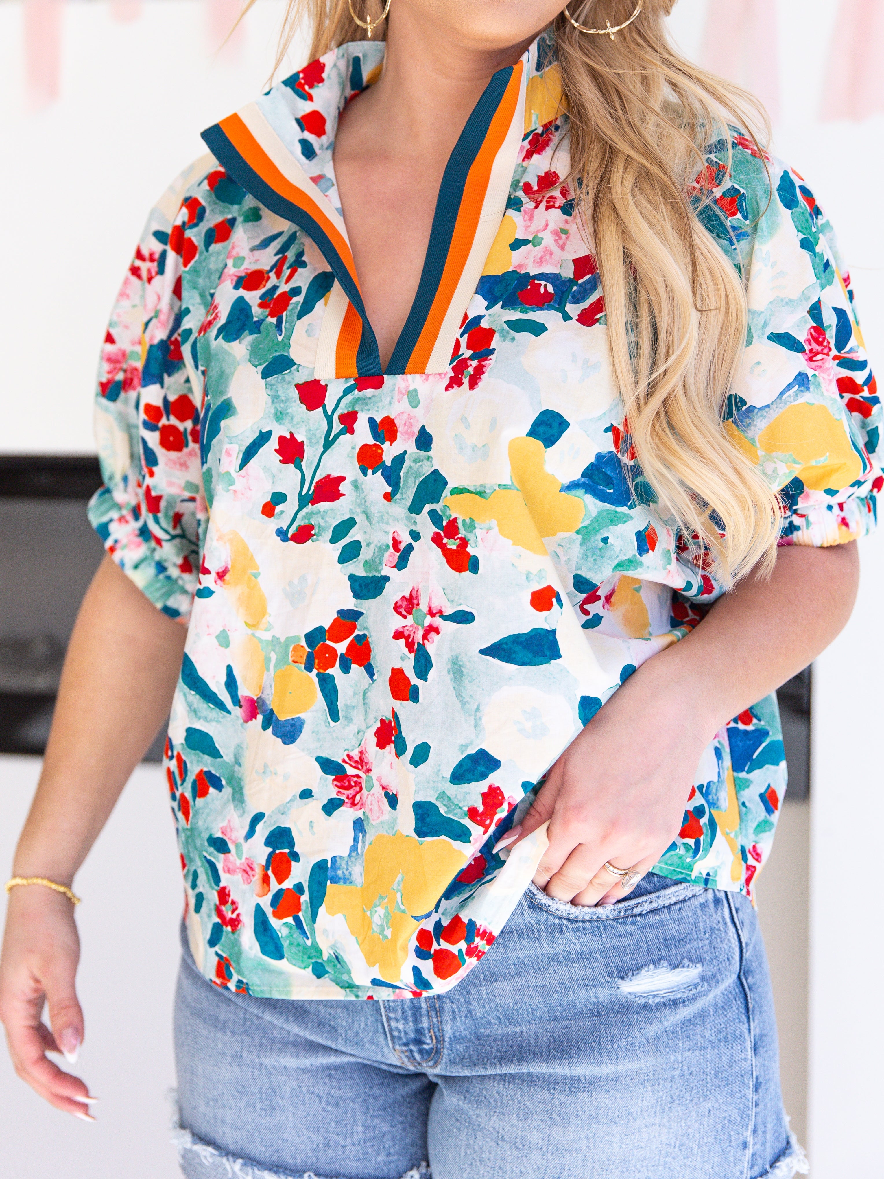 Watercolor Varsity Blouse-200 Fashion Blouses-ENTRO-July & June Women's Fashion Boutique Located in San Antonio, Texas