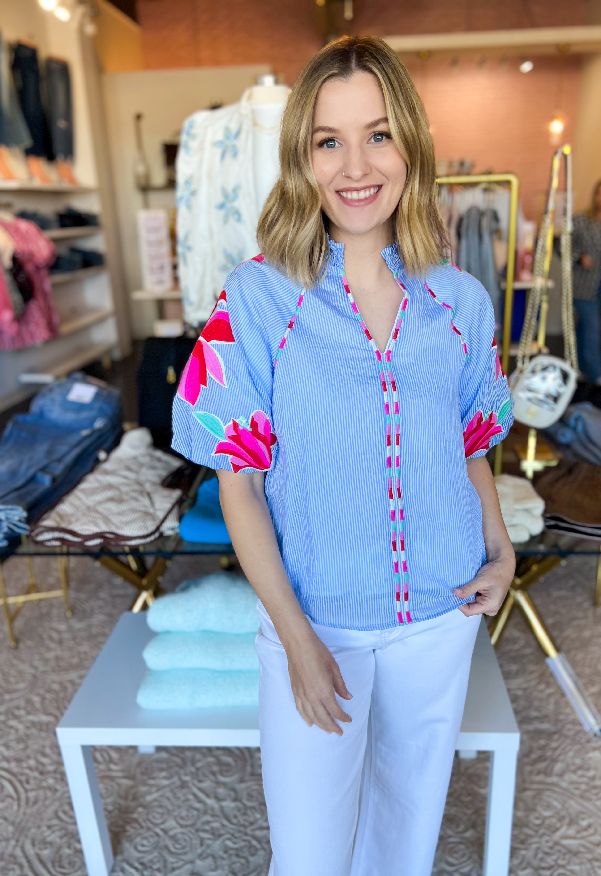 THML - Tropical Vibes Embroidered Blouse-200 Fashion Blouses-THML-July & June Women's Fashion Boutique Located in San Antonio, Texas