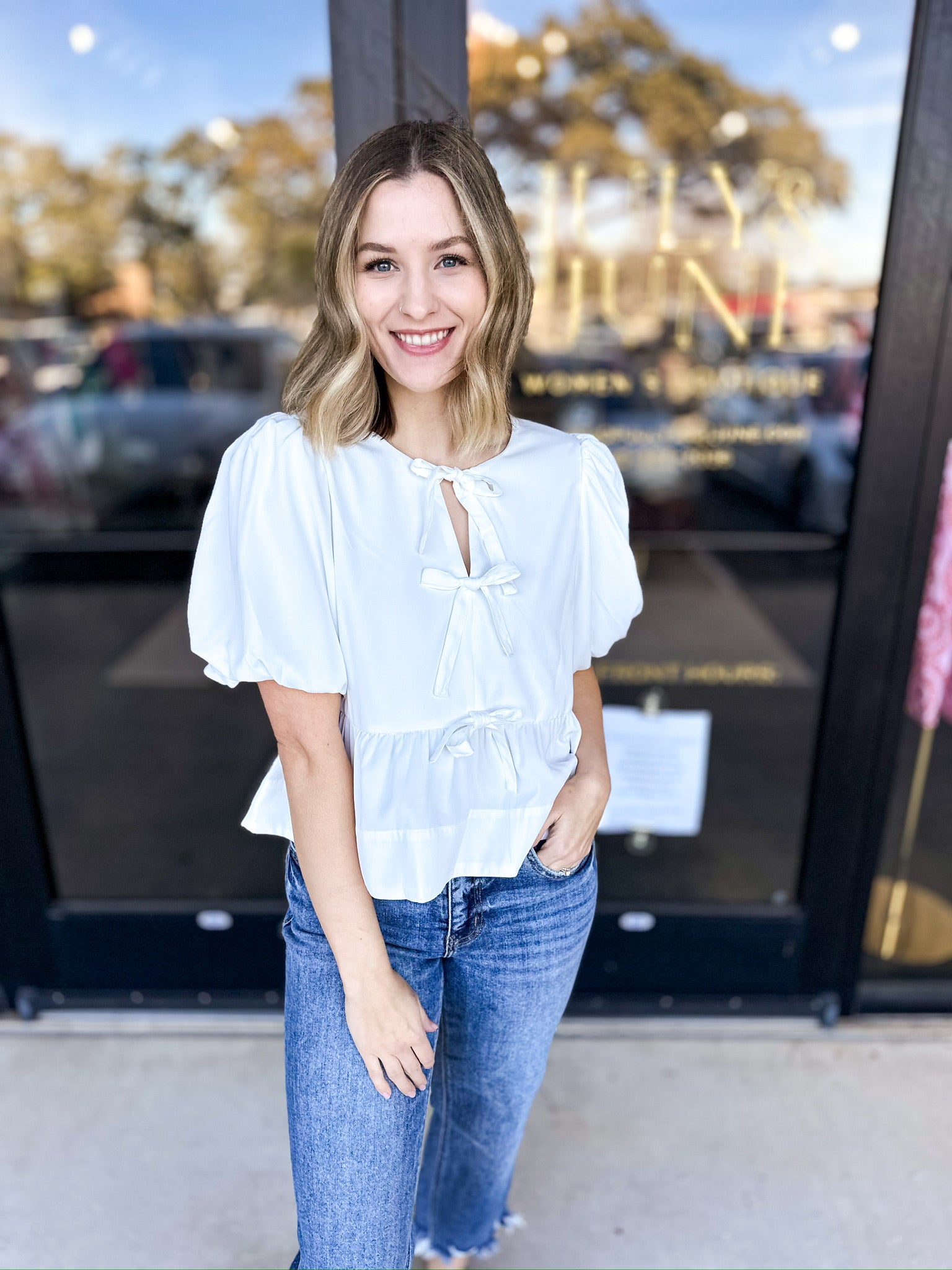 Feminine Bow Blouse - Ivory-200 Fashion Blouses-ENTRO-July & June Women's Fashion Boutique Located in San Antonio, Texas